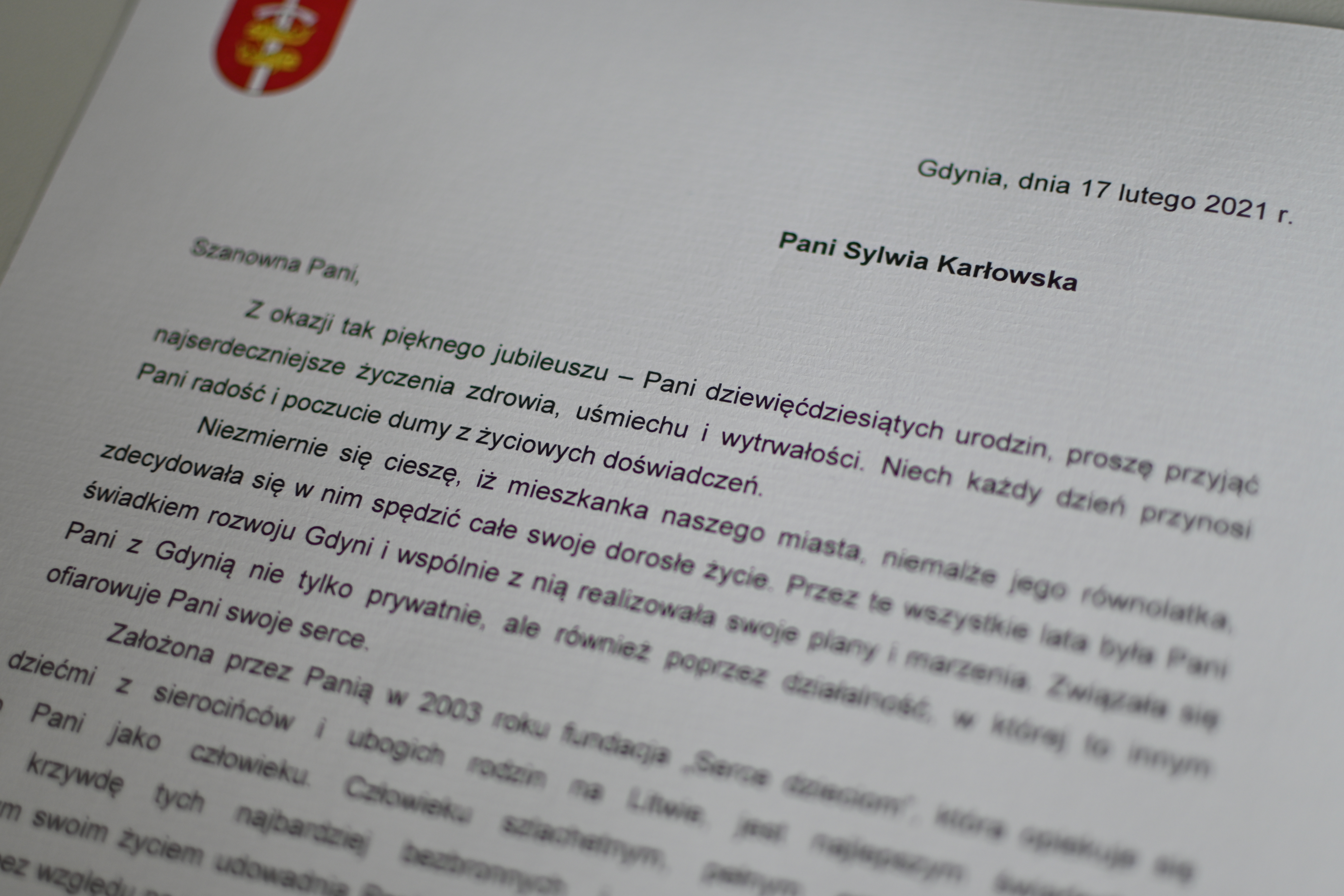 Fragment listu od prezydenta Gdyni z życzeniami dla Sylwii Karłowskiej, fot. Magda Śliżewska