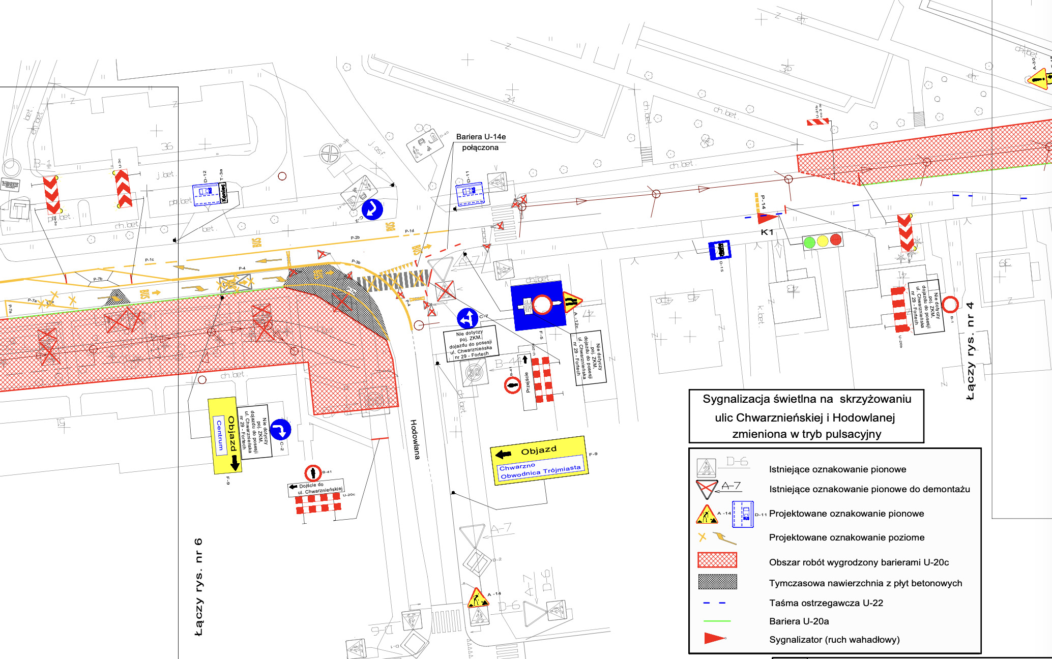 mapa zmiany organizacji ruchu w rejonie skrzyżowania: ul. Chwarznieńska - Hodowlana.