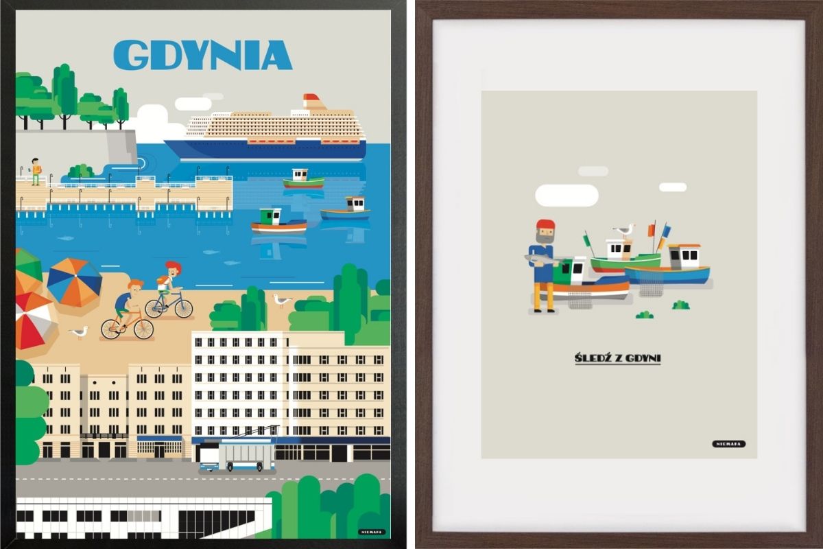 Kolaż plakatów nieMAPA. Po lewej stronie: Plakat od nieMAPA. Przedstawia charakterystyczne dla Gdyni miejsca. Na samej górze znajduje się niebieski napis "Gdynia", poniżej widać wycieczkowiec oraz Klif Orłowski. Niżej jest Molo w Orłowie oraz statki rybacki na wodzie. Dalej widzimy kolorowe parasole na plaży, mewę oraz dwóch rowerzystów. Na samym dole znajdują się modernistyczne budynki oraz trolejbus na ulicy. Po prawej stronie: Plakat od nieMAPA. Na szarym tle, po środku znajdują się trzy kutry rybackie. Po lewej stronie stoi rybak trzymający w ręcę rybę. Na dole znajduje się żartobliwy napis "Śledź z Gdyni".