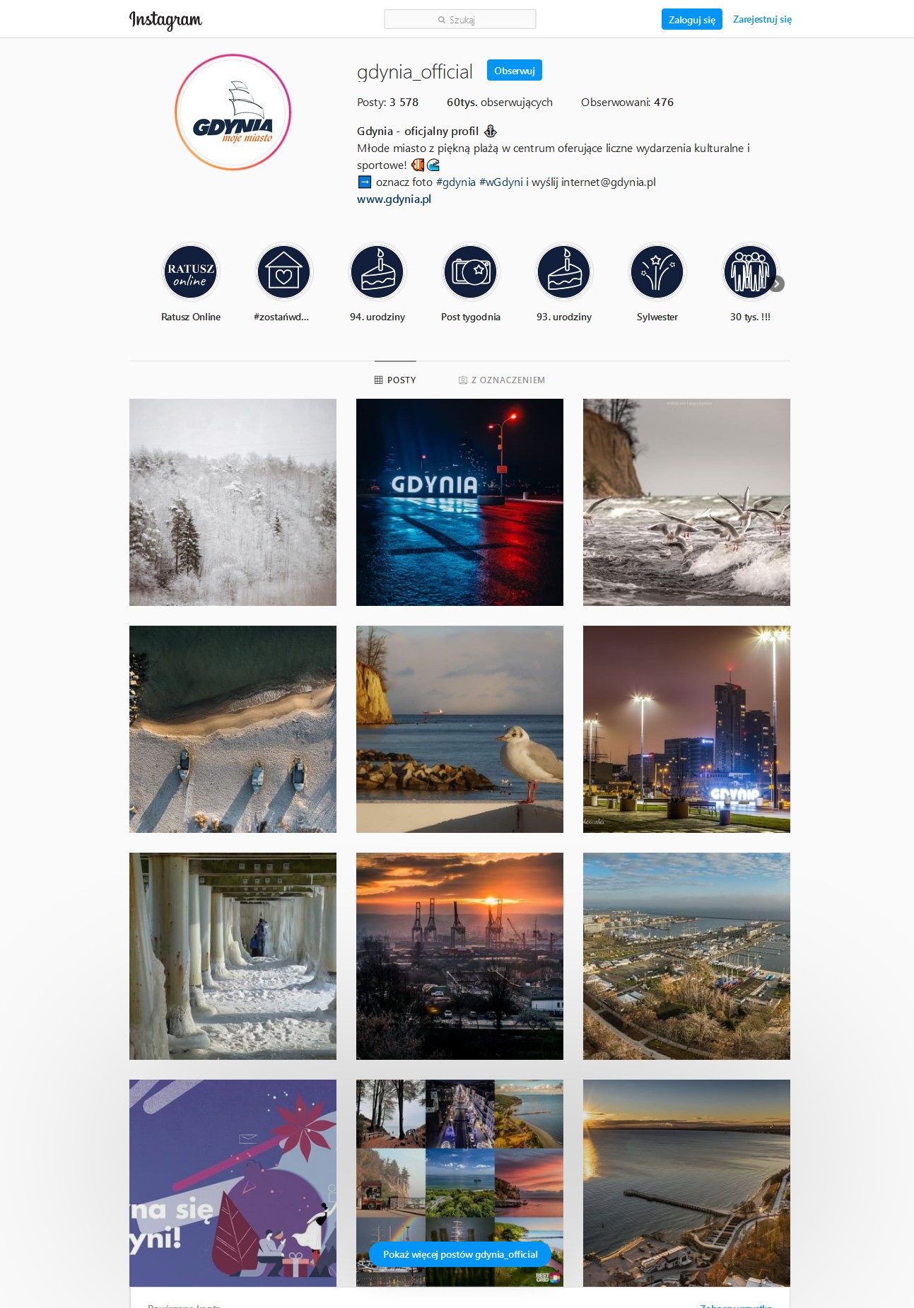 Zrzut ekranu konta instagramowego Gdyni.  Opis w wizytówce konta: Posty: 3 578; 60tys. obserwujących; Obserwowani: 476. Gdynia - oficjalny profil. Młode miasto z piękną plażą w centrum oferujące liczne wydarzenia kulturalne i sportowe! Oznacz foto #gdynia #wGdyni i wyślij internet@gdynia.pl; www.gdynia.pl. Na zrzucie widać 12 zdjęć, po 3 w każdym rzędzie.