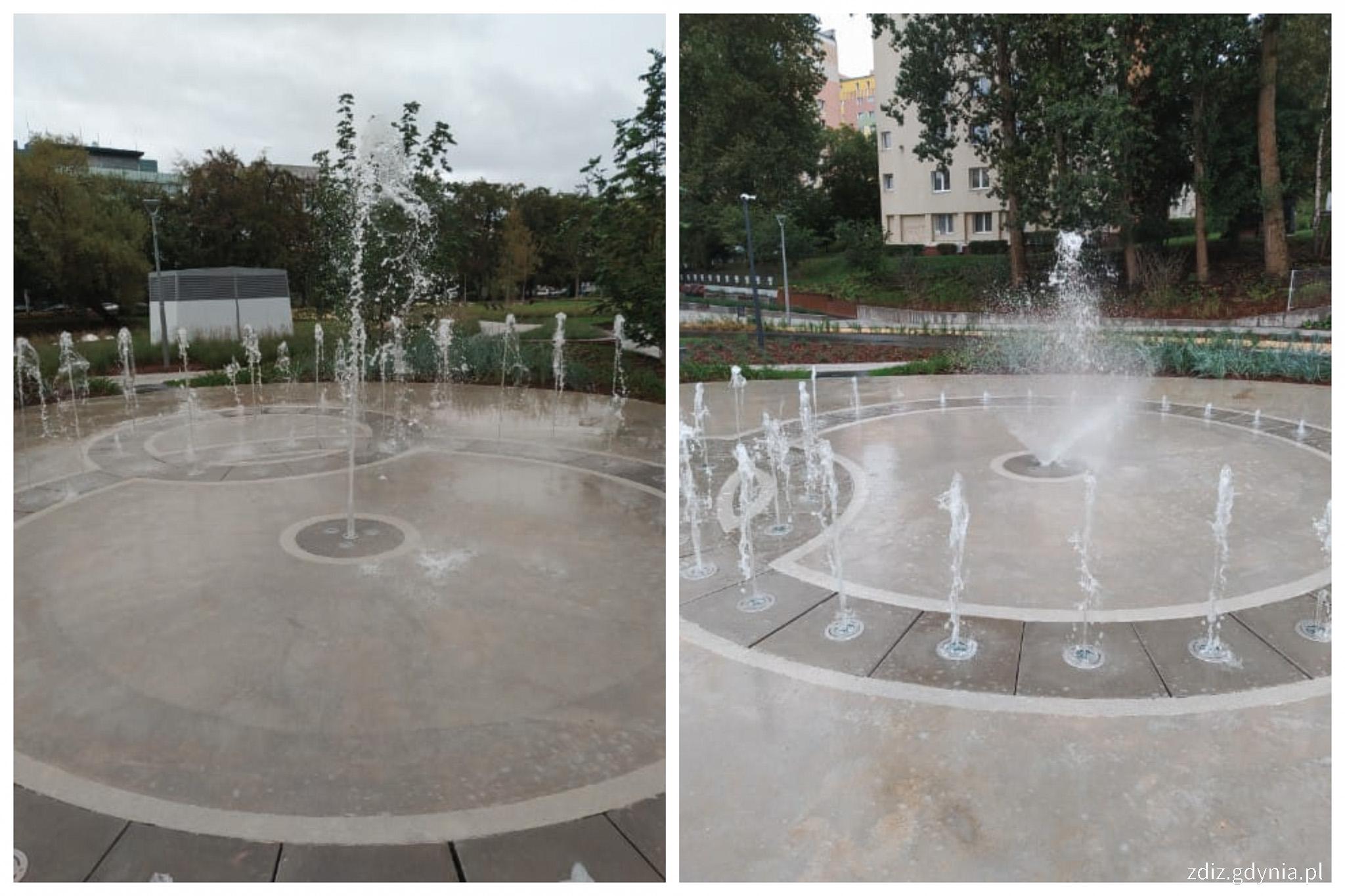 kolaż zdjęć przedstawiający fontannę w parku