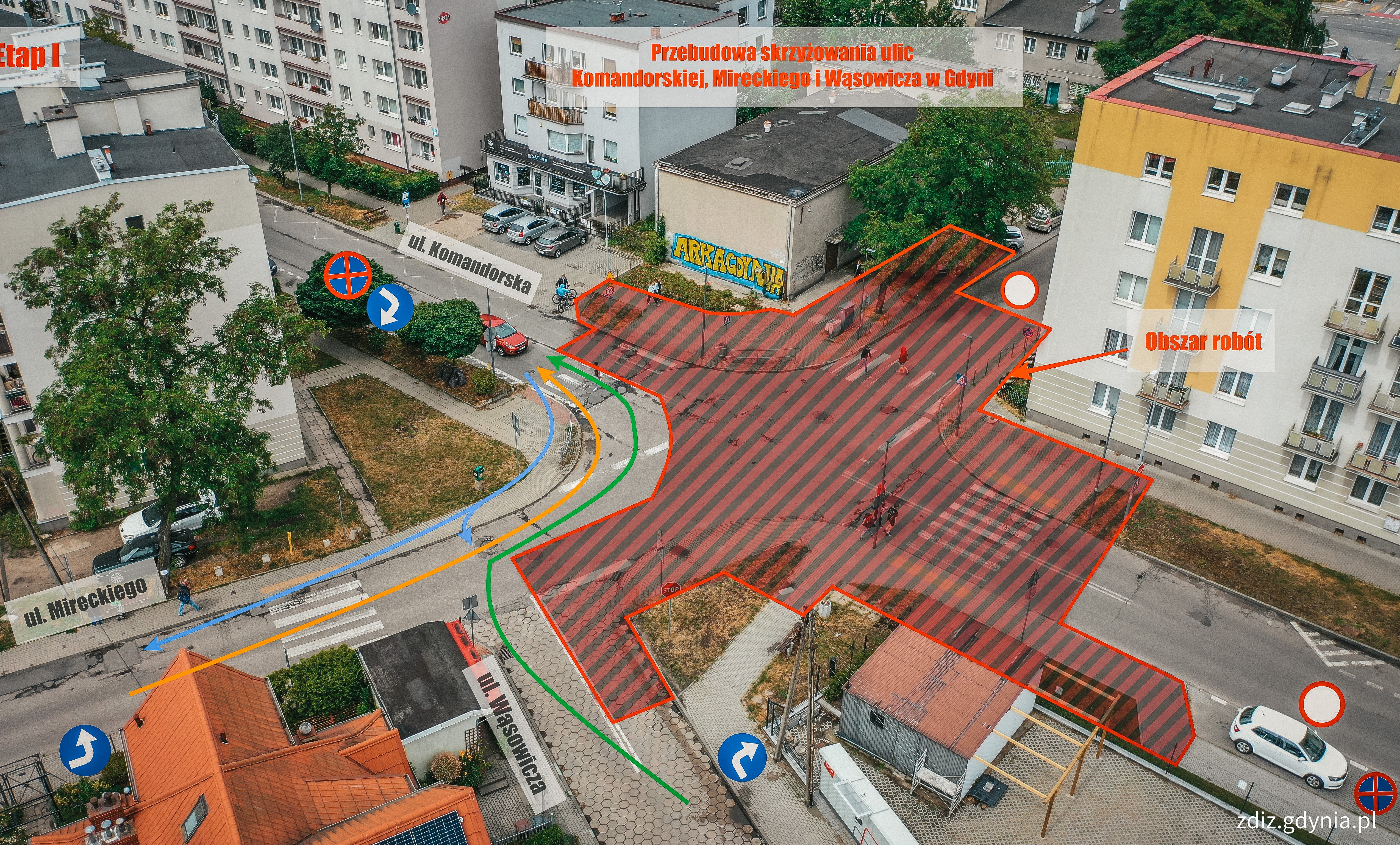 schemat, mapa, zmiana organizacji ruchu zaznaczona na zdjęciu skrzyżowania z góry