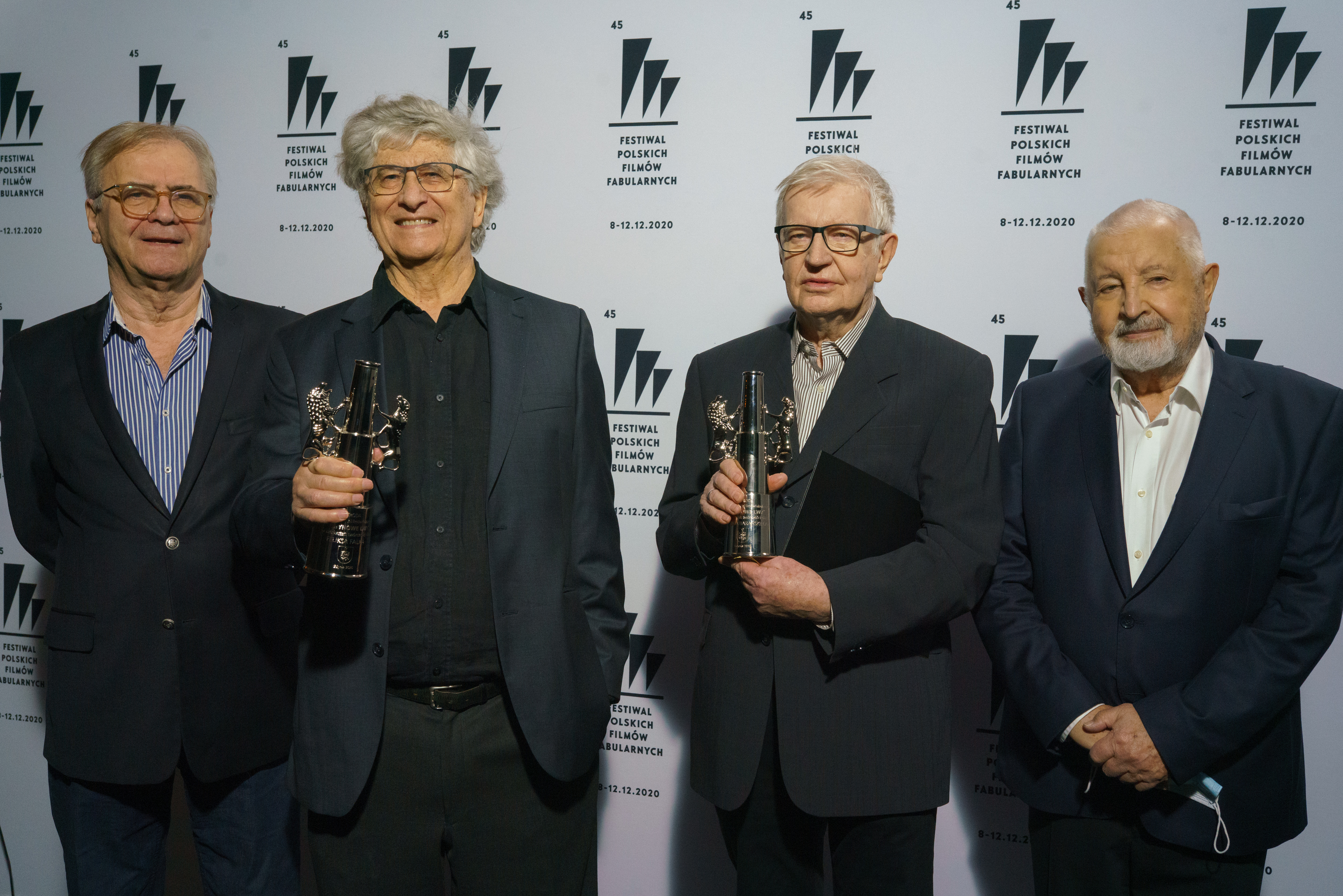 Od lewej: Jacek Bromski, laureat Platynowych Lwów Feliks Falk, laureat Platynowych Lwów Andrzej Barański i Janusz Majewski // fot. Anna Rezulak