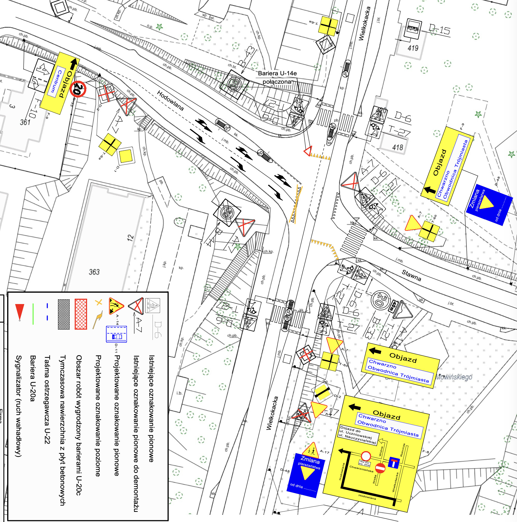 Skrzyżowanie: ul. Hodowlana – Stawna – Wielkokacka - mapa zmiany organizacji ruchu