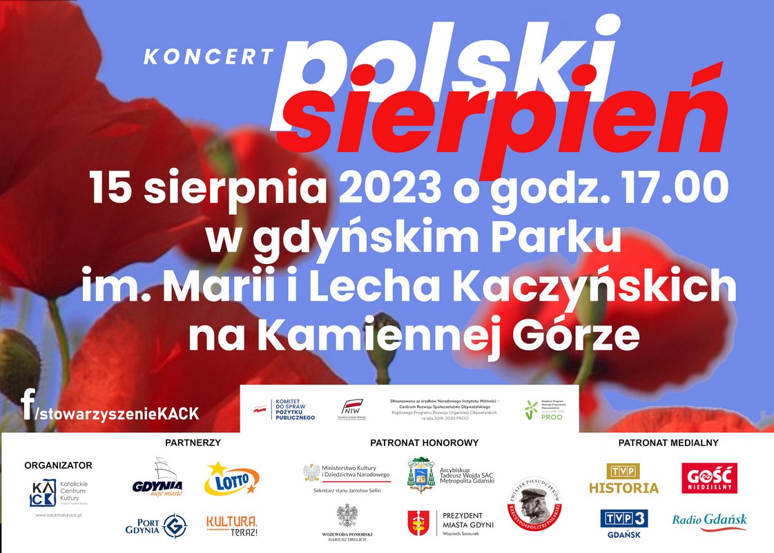 Grafika promująca koncert pieśni patriotycznych „Polski Sierpień”. Tło: czerwone maki na niebieskim tle. Na nim w kolorze białym i czerwonym napisy mówiące o nazwie, miejscu i godzinie koncertu, a także belka z logo organizatorów, partnerów i patronów wydarzenia // materiały prasowe 