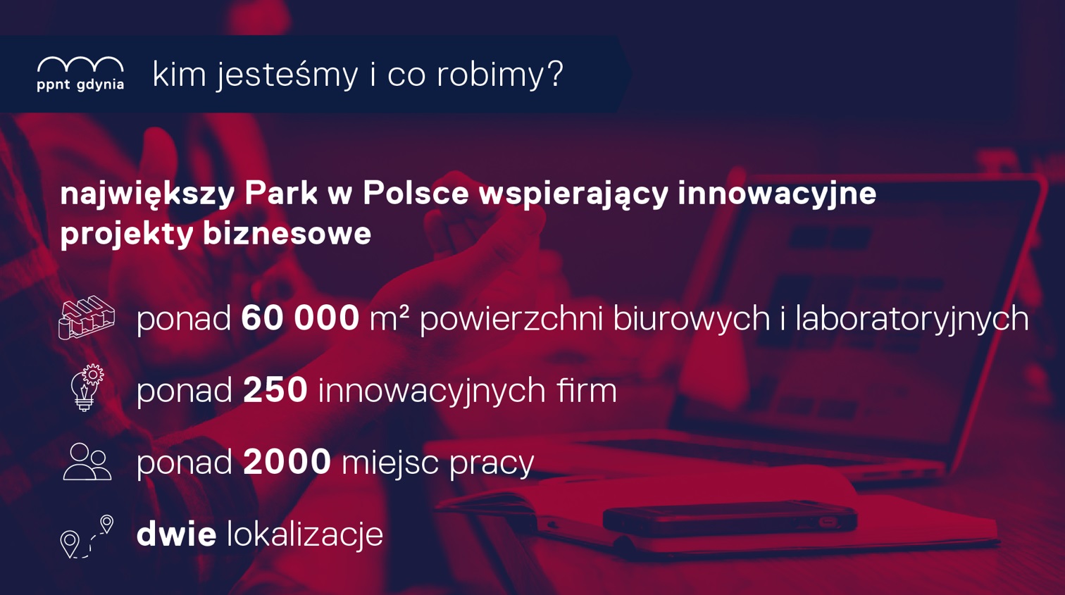 Grafika przedstawiająca dane na temat Pomorskiego Parku Naukowo-Technologicznego Gdynia - powierzchnię, liczbę firm czy miejsc pracy // materiały PPNT