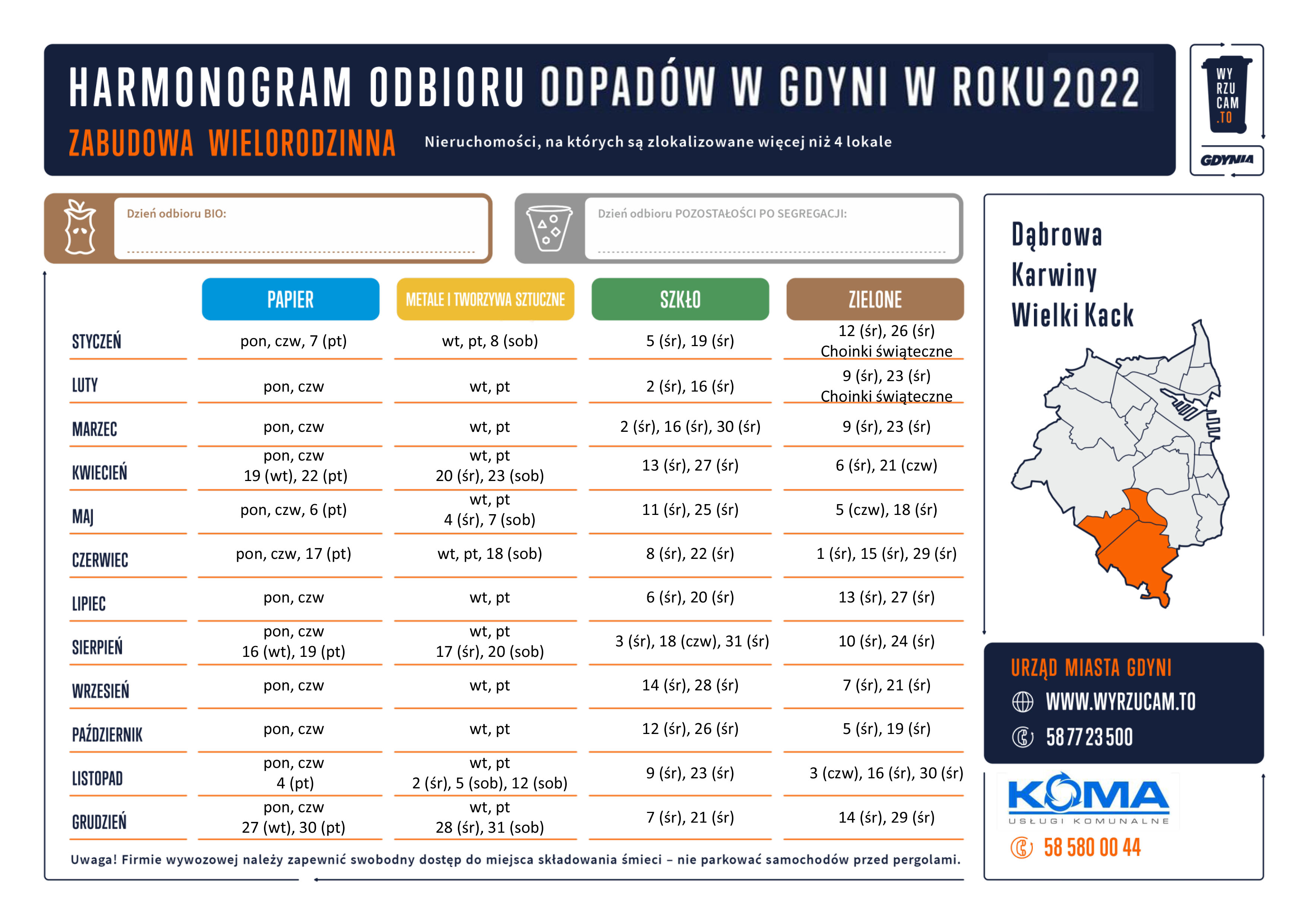 Ulotka informacyjna o terminie odbioru poszczególnych frakcji odpadów selektywnych dla dzielnic Dąbrowa, Karwiny i Wielki Kack // mat. wyrzucam.to