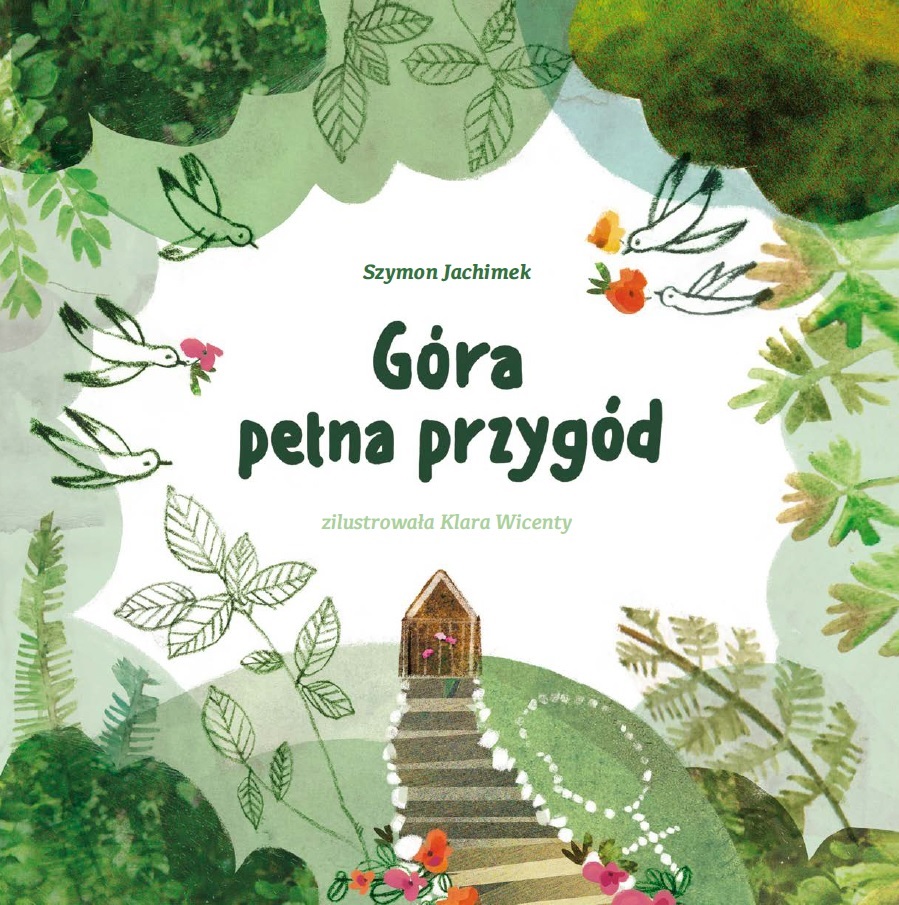 Na środku na białym tle tytuł "Góra pełna przygód", nad nim napis Szymon Jachimek, pod tytułem napis: zilustrowała Klara Wicenty. Od prawej i lewej 5 lecących ku sobie białych ptaków, z których trzy niosą w dziobach kolorowe kwiaty. Pod nimi, na szczycie wzgórza kapliczka, do której prowadzą schody. Wszystko w leśnej scenerii. Jest to ilustracja nawiązująca do Świętej Góry w Gdyni Chylonii.