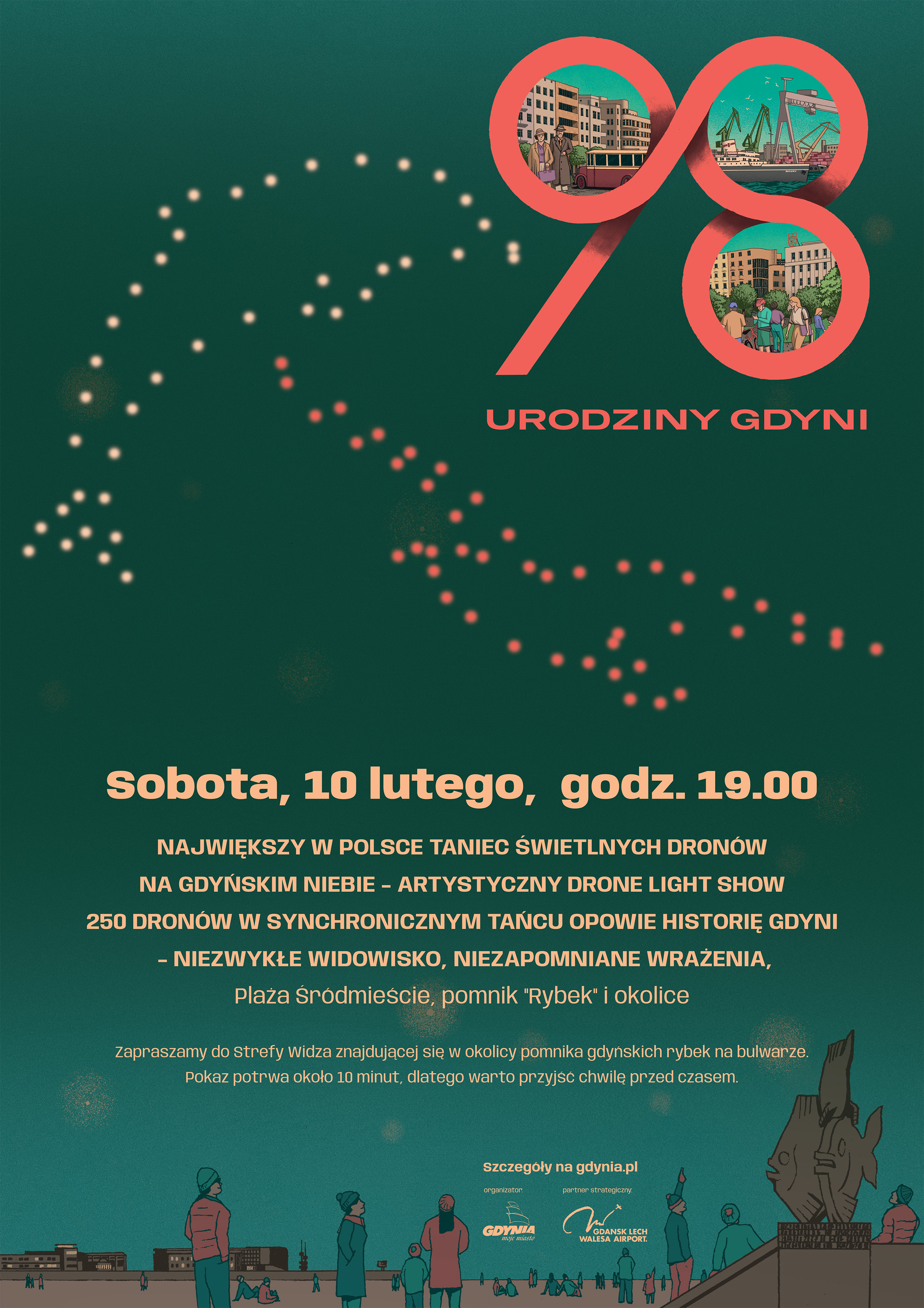 Plakata 98. urodziny Gdyni i pokaz dronów 10 lutego o godz. 19.00 na plaży Śródmieście