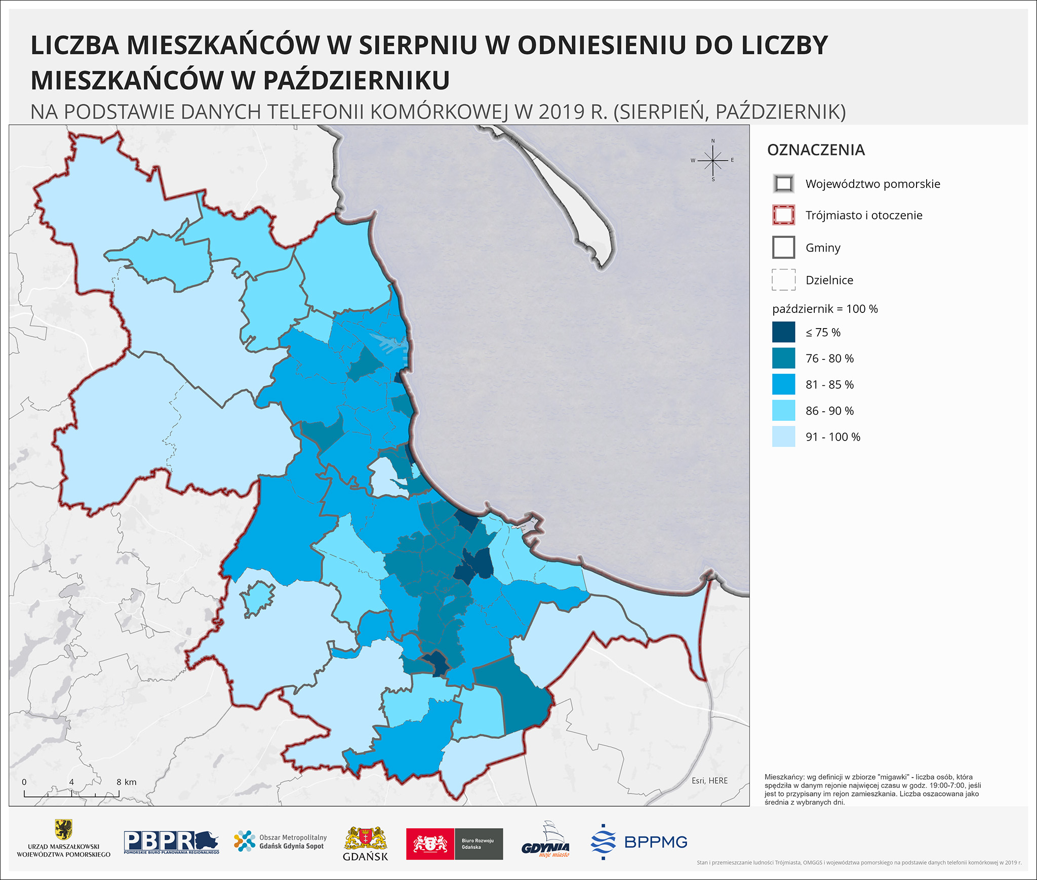 materiały z raportu Analiza aktywności i potencjału ludnościowego województwa pomorskiego, obszaru metropolitalnego i Trójmiasta w oparciu o zachowania użytkowników sieci telefonii komórkowych w 2019 roku