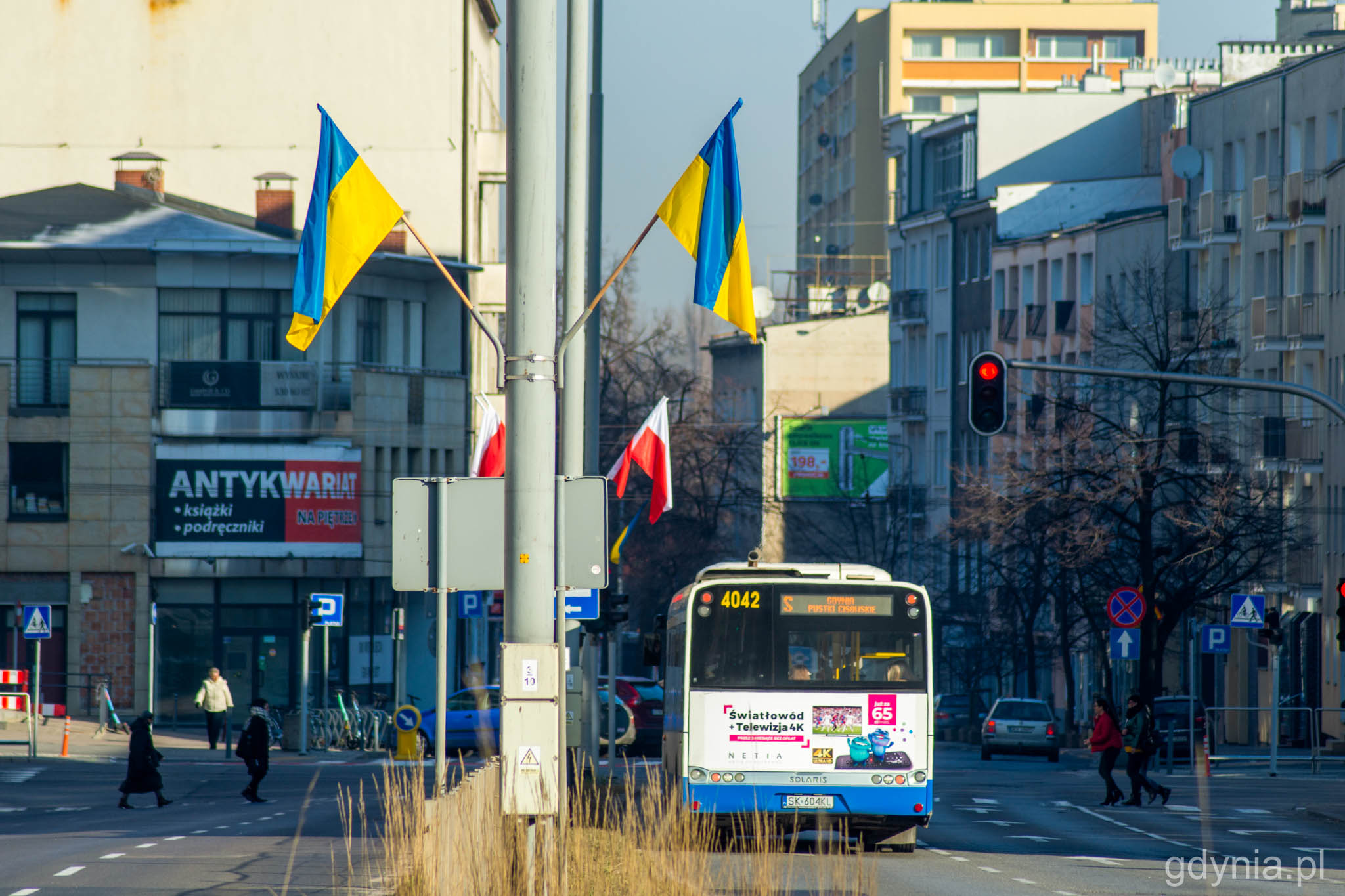 Ukraińskie flagi na ul. Władysława IV na wysokości skrzyżowania z ul. 10 Lutego // fot. Sławomir Okoń