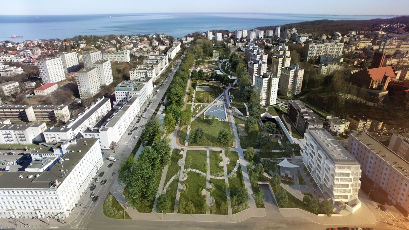 Wizualizacja Parku Centralnegow Gdyni z 2017 roku, trójwymiarowe drzewa, trawniki, obok fragment Śródmieścia