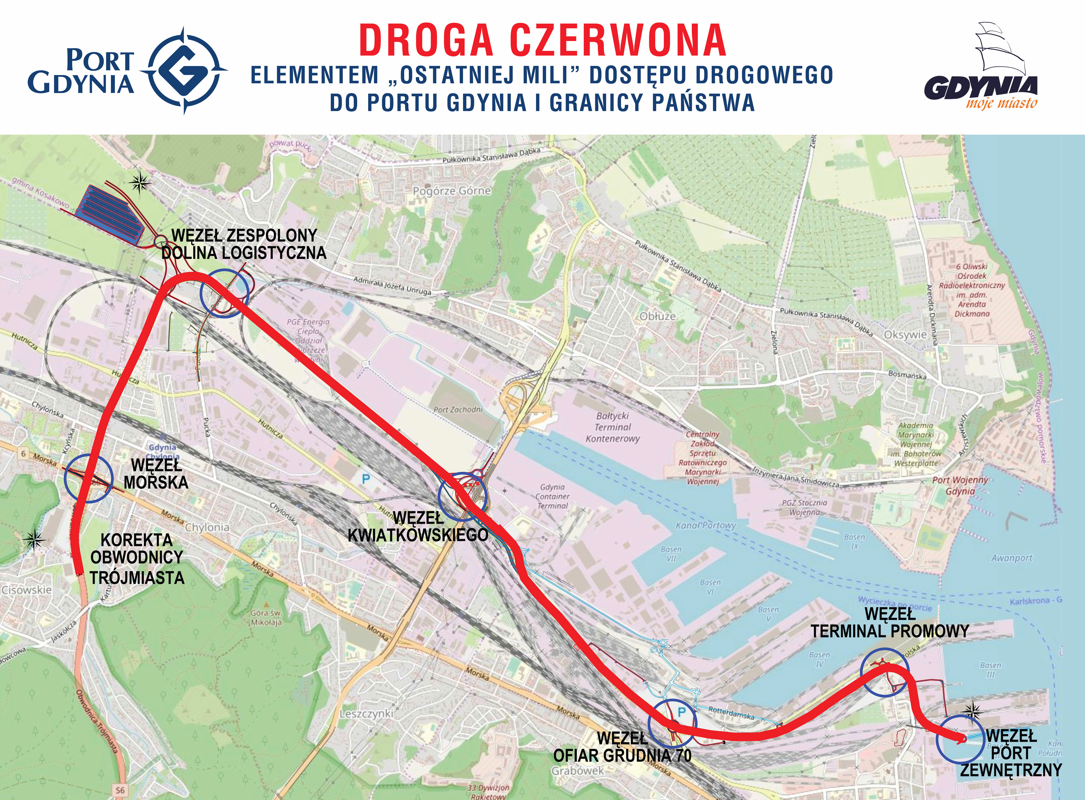 Fragment mapy Gdyni z zaznaczonym na czerwono planowanym przebiegiem Drogi Czerwonej, mat. prasowe