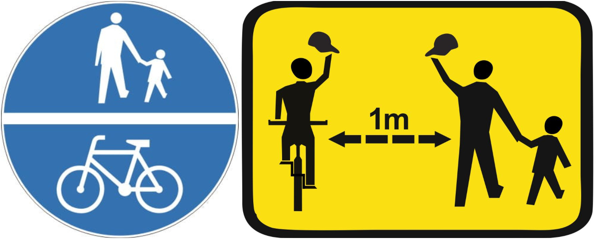 Naki drogowe informujace o drodze pieszo-rowerowej i grzecznościowy pokazujący rowerzystę i pieszego kłaniających się sobie.