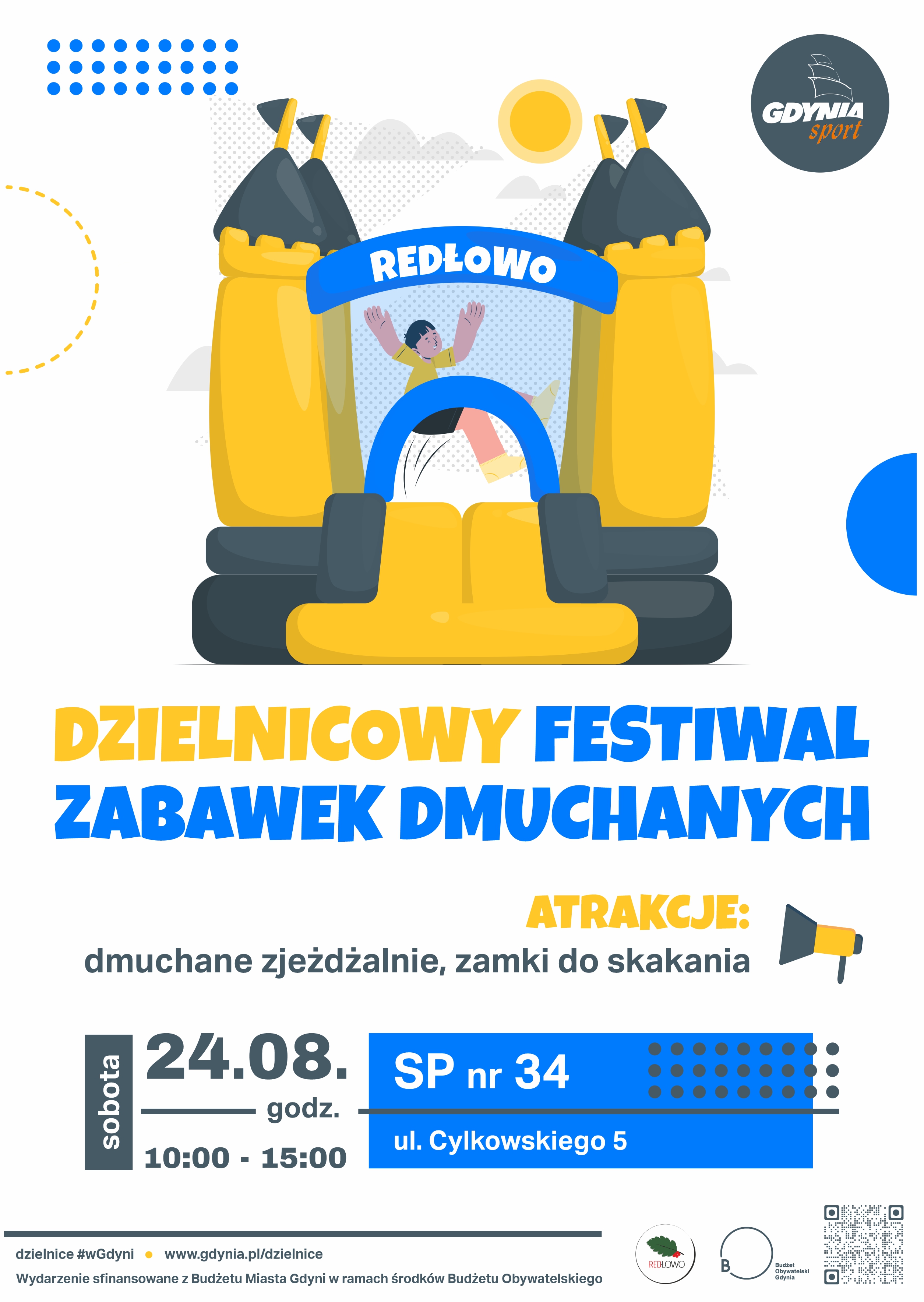 Plakat reklamujący Dzielnicowy Festiwal Zabawek Dmuchanych w Redłowie, dmuchane zabawki rysowane