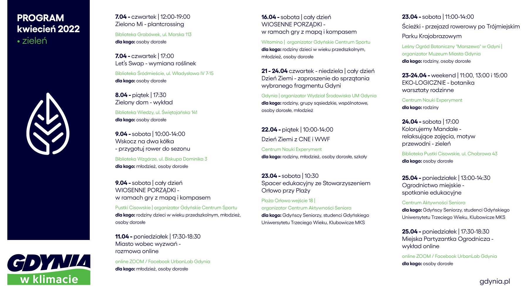 Grafika z listą aktywności przygotowanych w ramach programu "Gdynia w klimacie". Na białym tle umieszczono logo programu oraz granatowe i zielone napisy (daty, godziny, lokalizacje i nazwy przygotowanych atrakcji)
