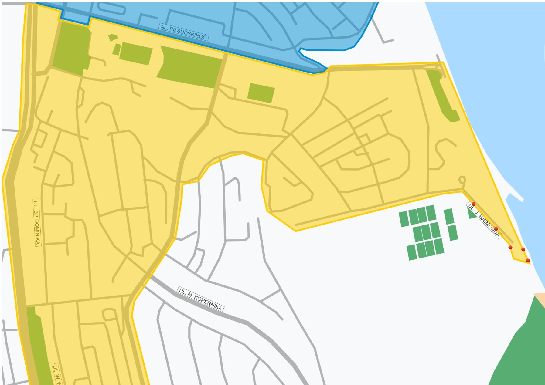 mapa strefy płatnego parkowania, zaznaczone uszkodzone parkomaty