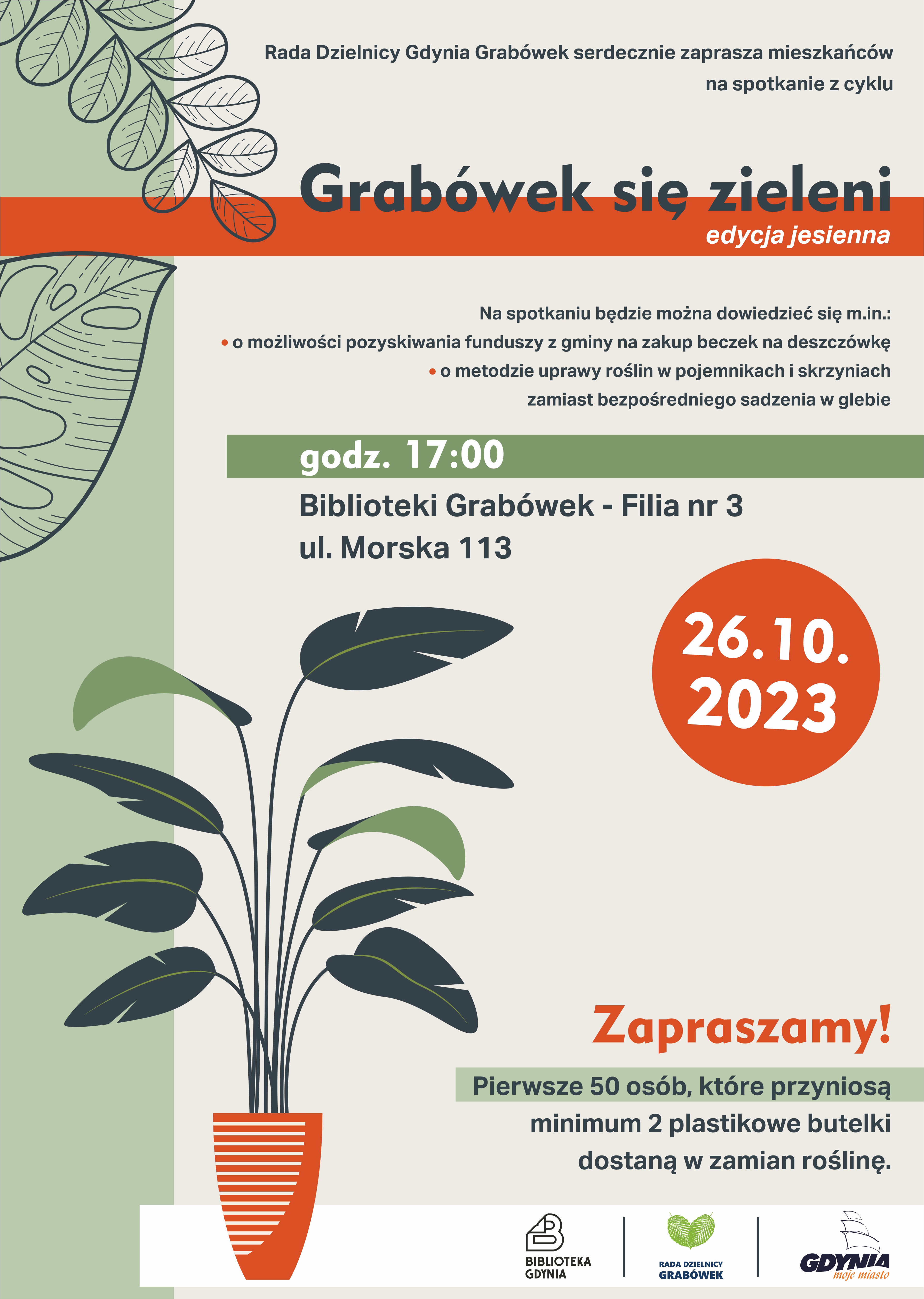 nazwa wydarzenia Grabówek się zielen, kwiatek w doniczce, oraz liście roślinek, na dole loga: Biblioteka Gdynia, Rada Dzielnicy Grabówek