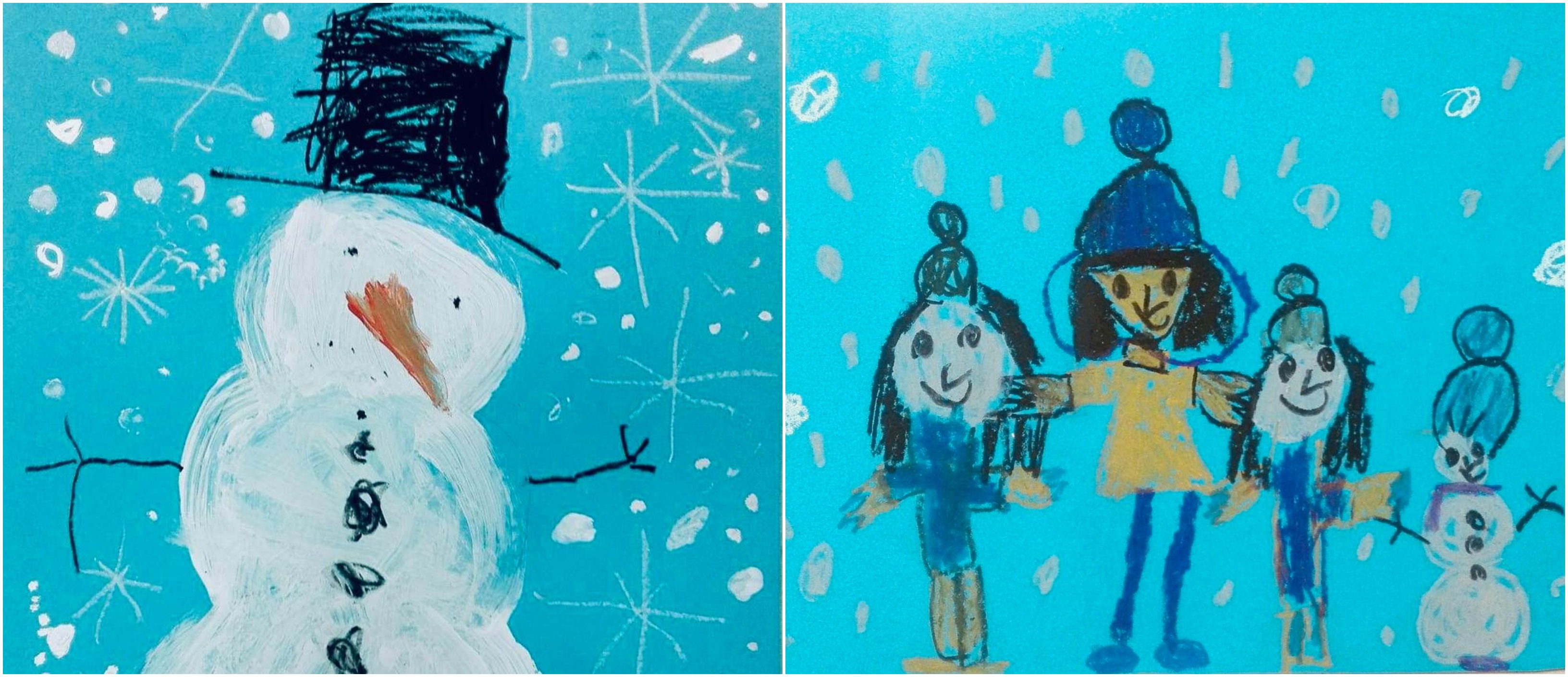 Dwa rysunki: bałwan i dzieci na dworze wykonane w czasie zajęć plastycznych w MDK.