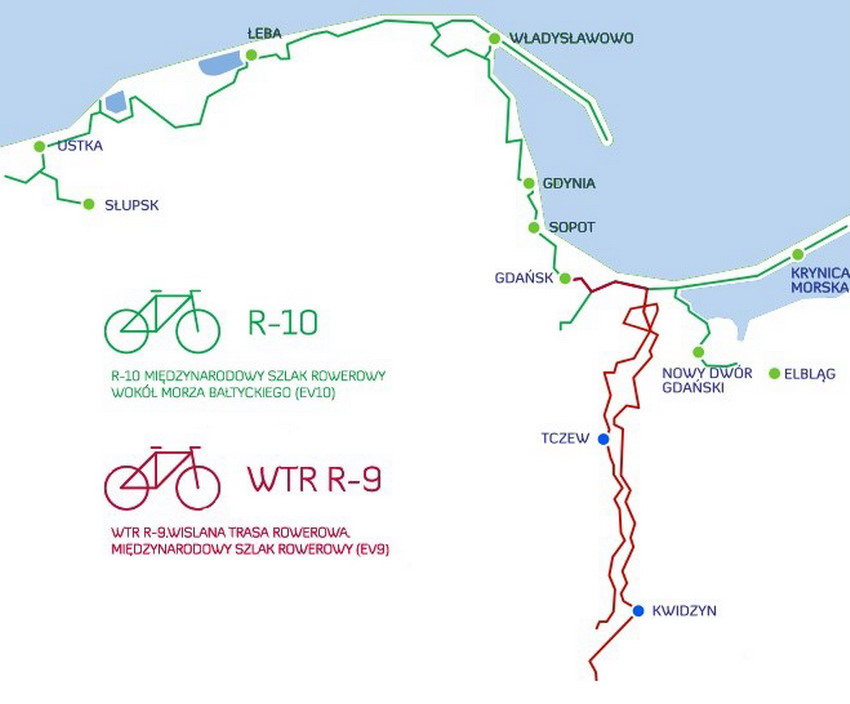 Przebieg szlaku rowerowego EuroVelo 10 w województwie pomorskim. Źródło: pomorskie.eu