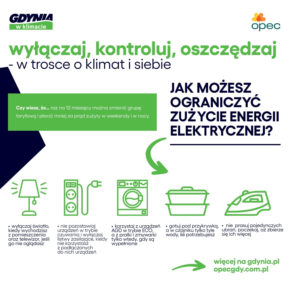 Grafika z informacją: jak ograniczyć zużycie energii elektrycznej?