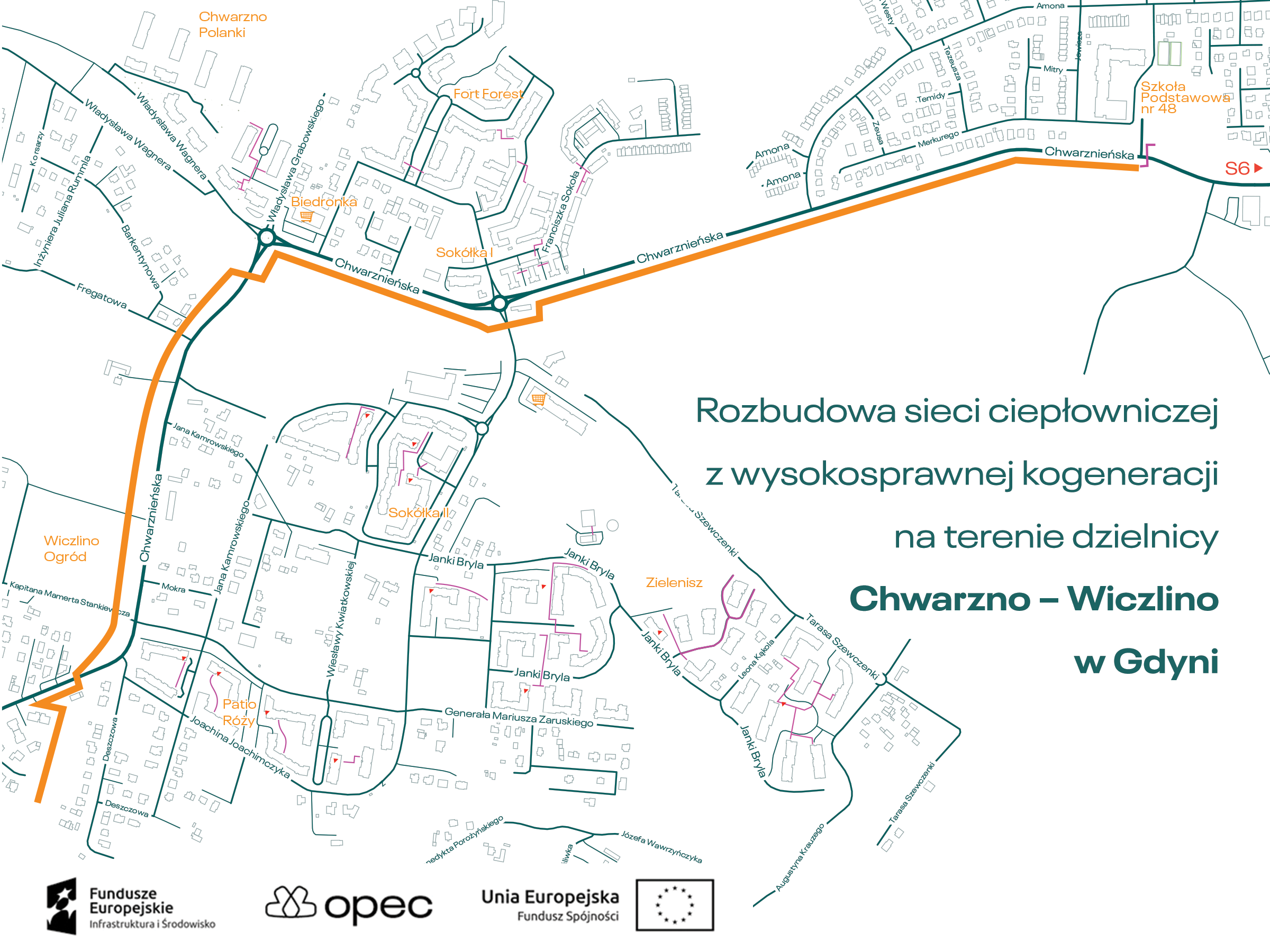 Zarys inwestycji - rozbudowa sieci ciepłowniczej na terenie dzielnicy Chwarzno-Wiczlino, mat. OPEC Gdynia