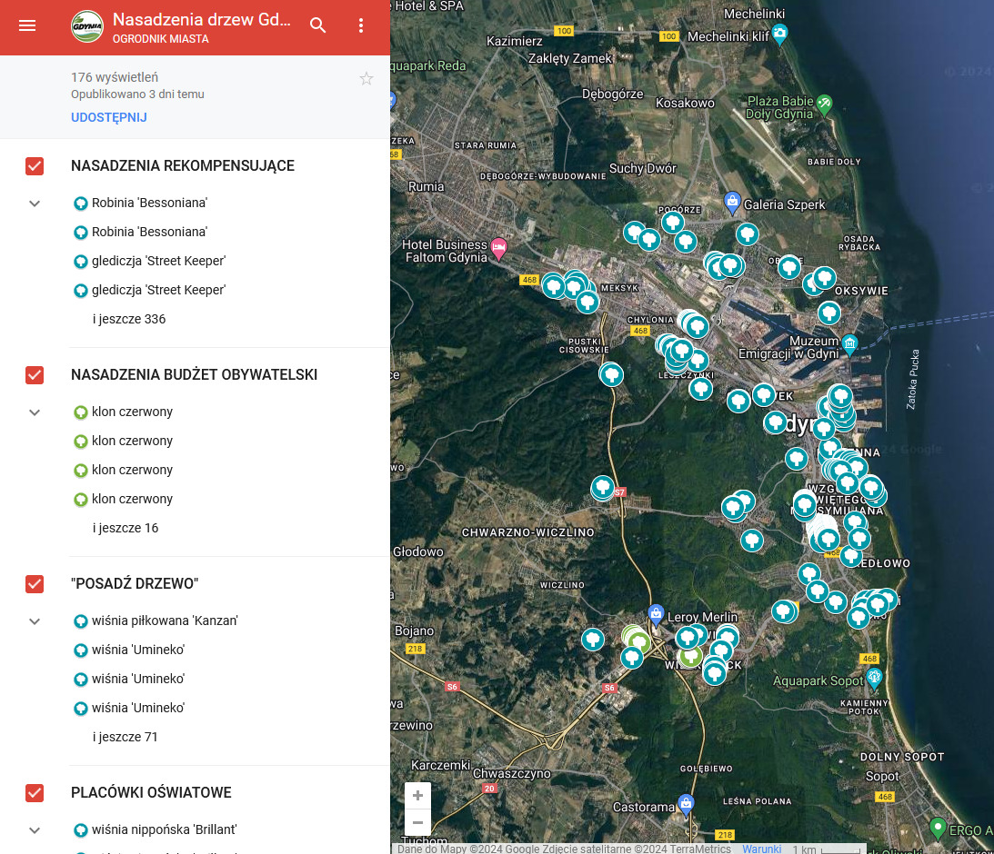 interaktywna mapa nasadzeń na bazie map Goggle // źródło Wydział Ogrodnika Miasta 