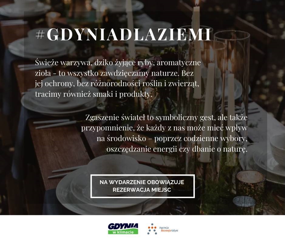 Plakat przedstawiający miasto nocą z informacjami o kolacjach przy świecach z okazji akcji „Godzina dla Ziemi”