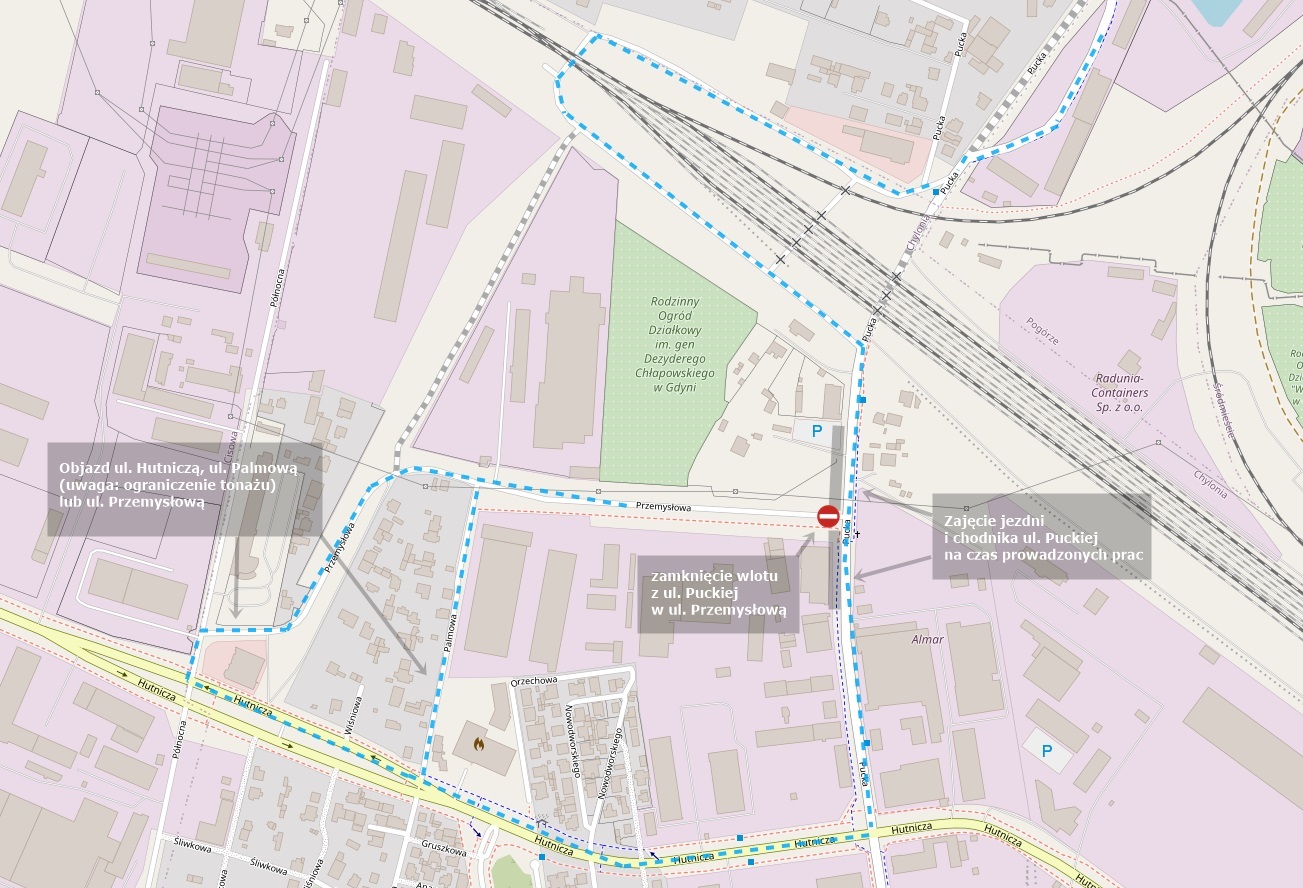 Tymczasowa organizacja ruchu na ul. Puckiej // OpenStreetMap
