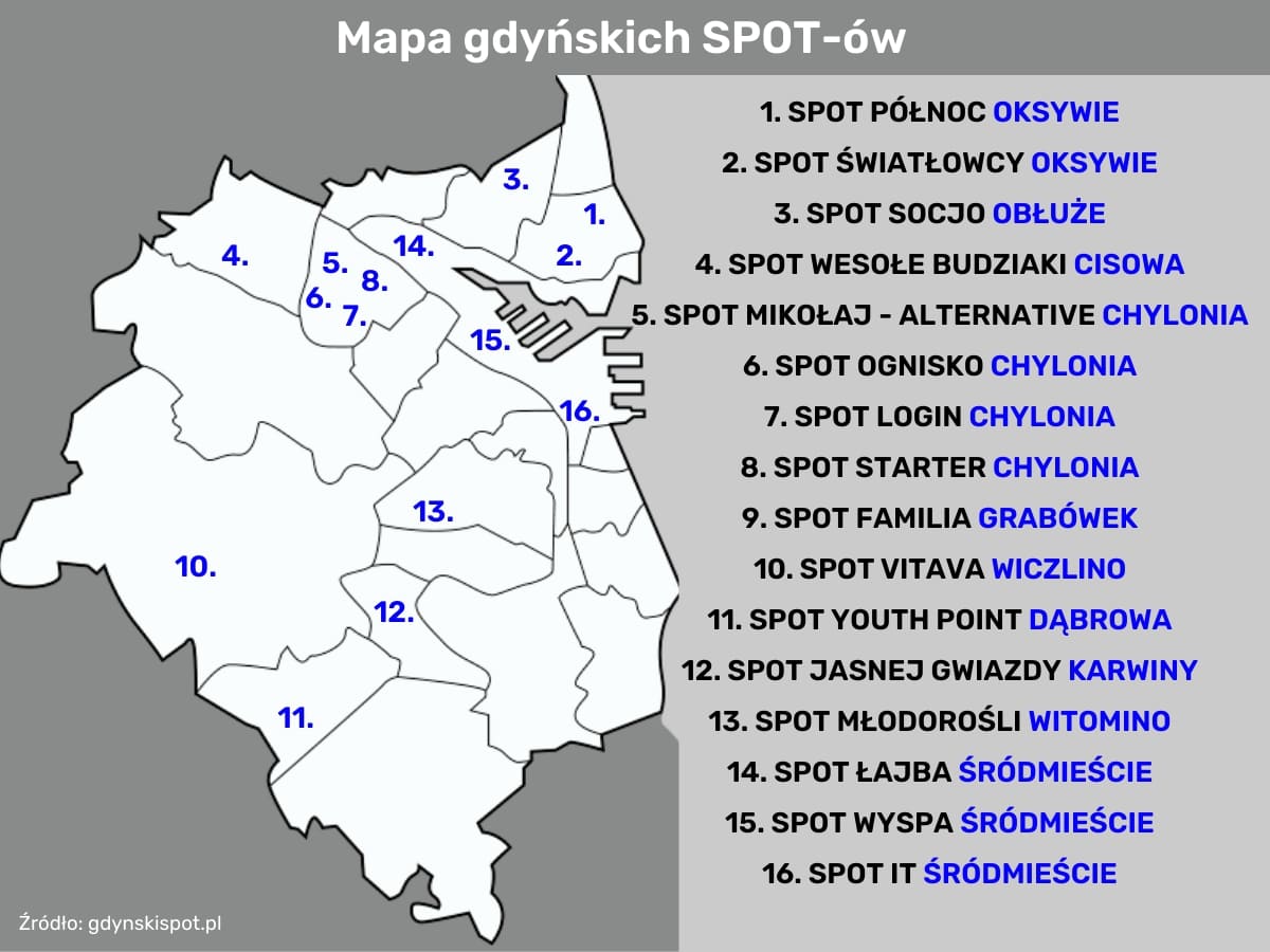 mapka na której jest zaznaczone 16 lokalizacji