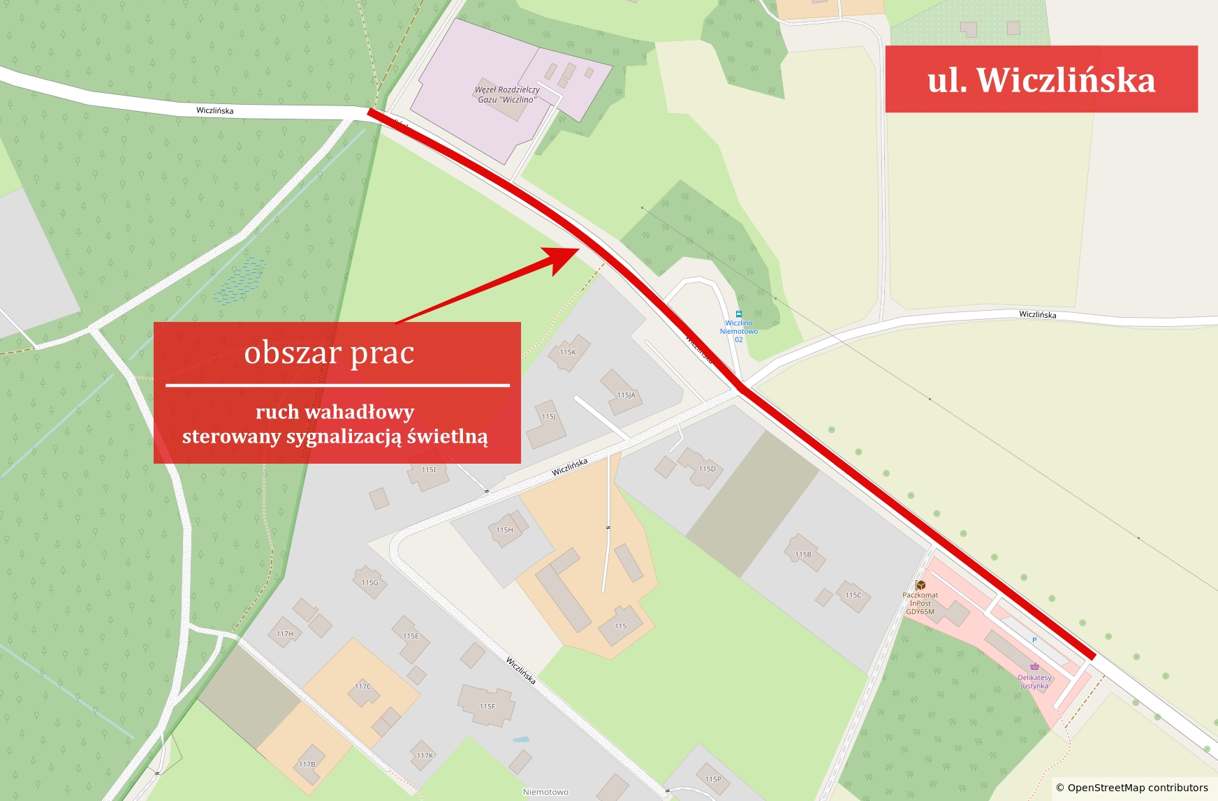  Mapa przedstawiająca zmiany w organizacji ruchu na ul. Wiczlińskiej (opisane w artykule)