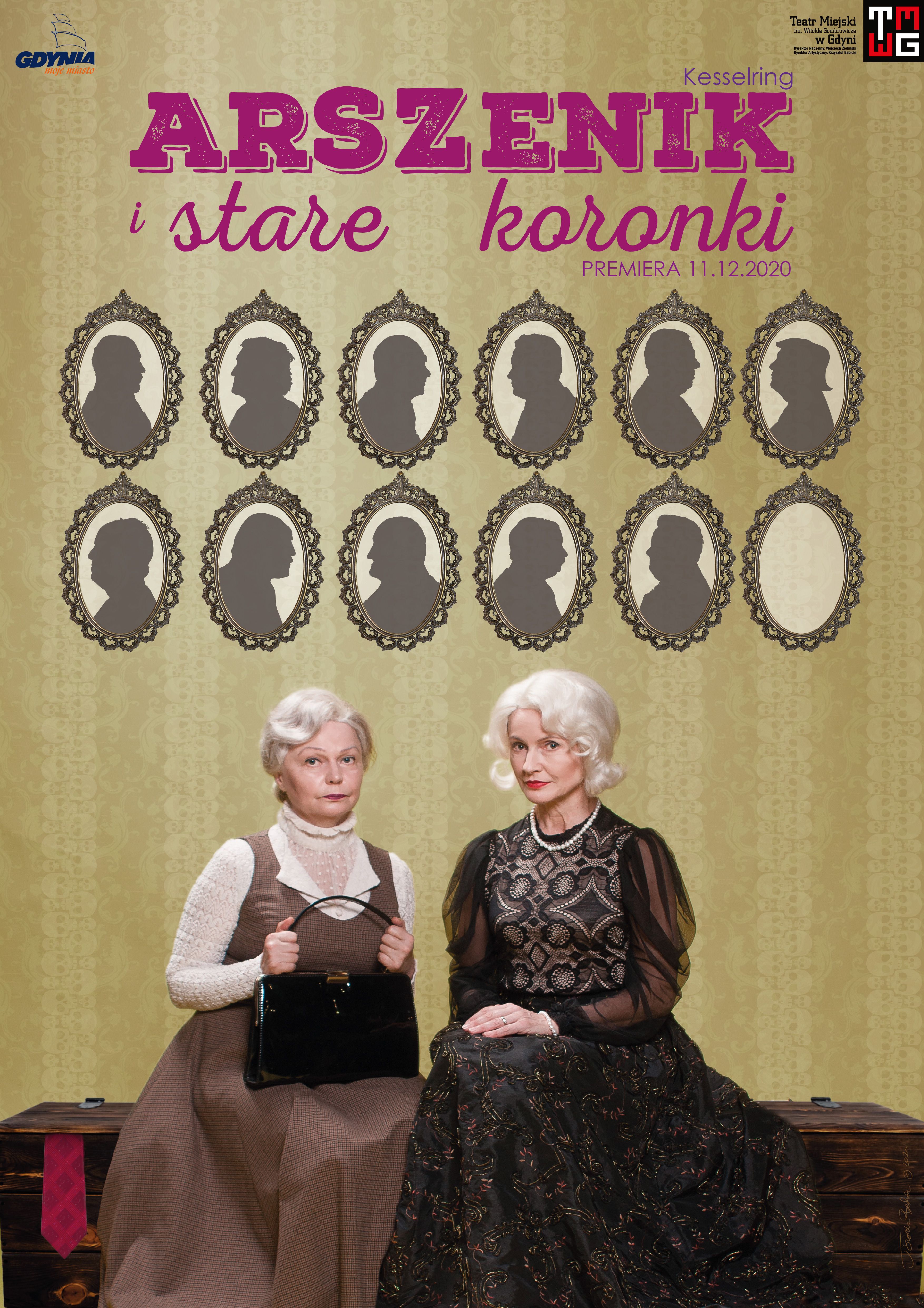 Plakat spektaklu „Arszenik i stare koronki": dwie starsze panie - siostry -  siedzą na dużym kufrze. Mat. TM