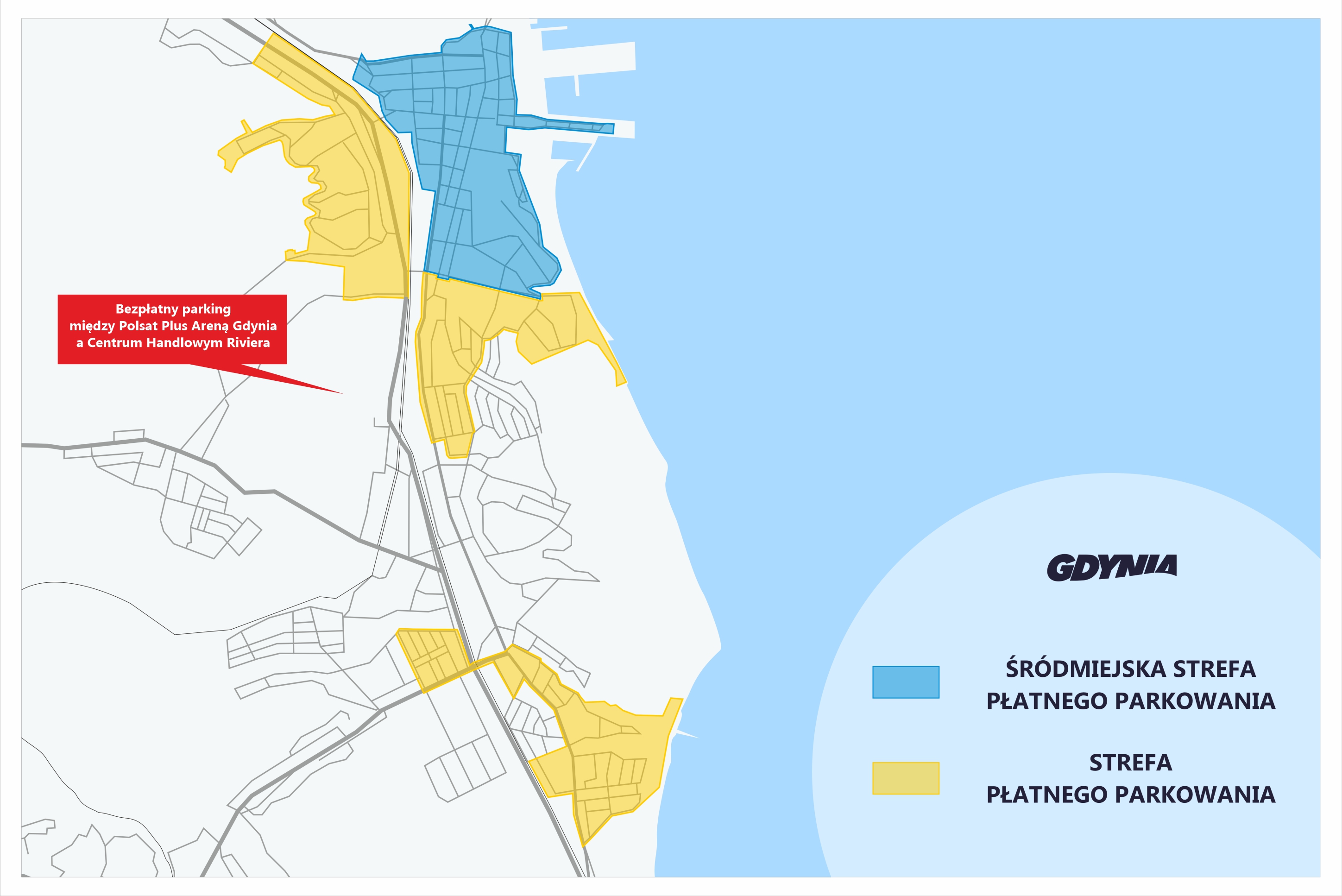 grafika przedstawiająca strefy płatnego parkowania w Gdyni oraz bezpłatny parking