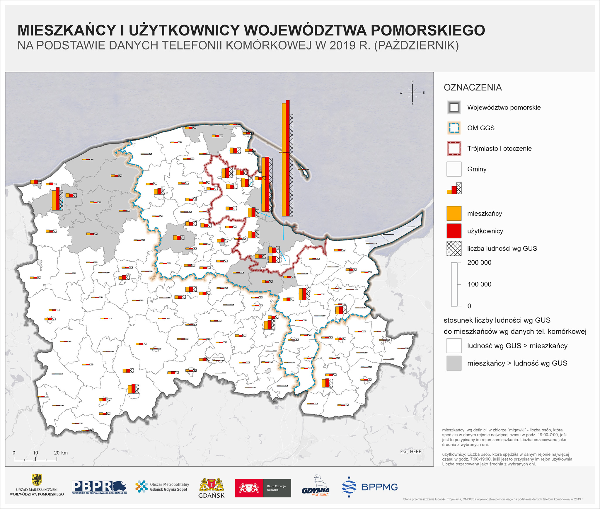 materiały z raportu Analiza aktywności i potencjału ludnościowego województwa pomorskiego, obszaru metropolitalnego i Trójmiasta w oparciu o zachowania użytkowników sieci telefonii komórkowych w 2019 roku