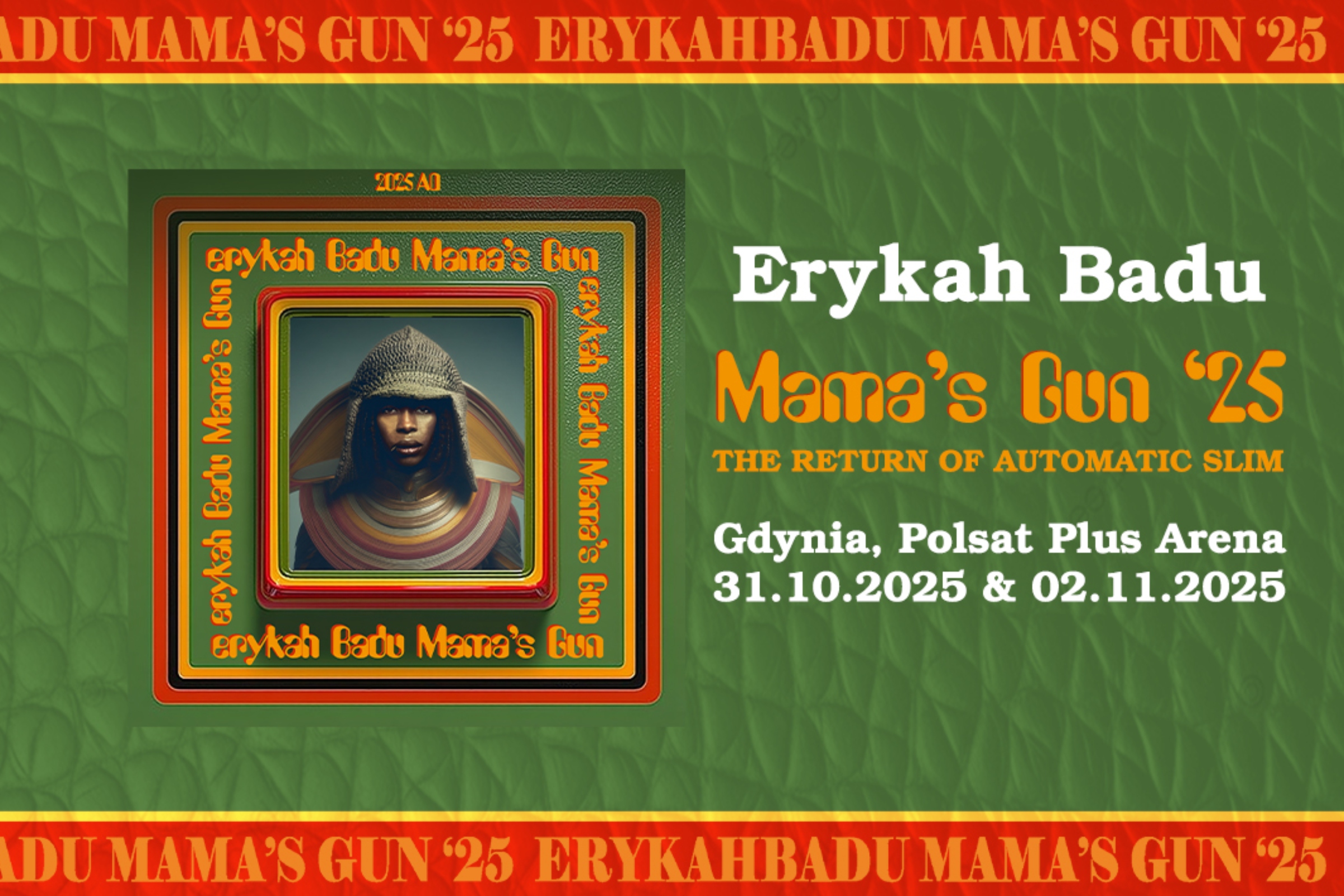 Erykah Badu wystąpi w Polsat Plus Arenie Gdynia. Grafika promująca koncerty w Polsce