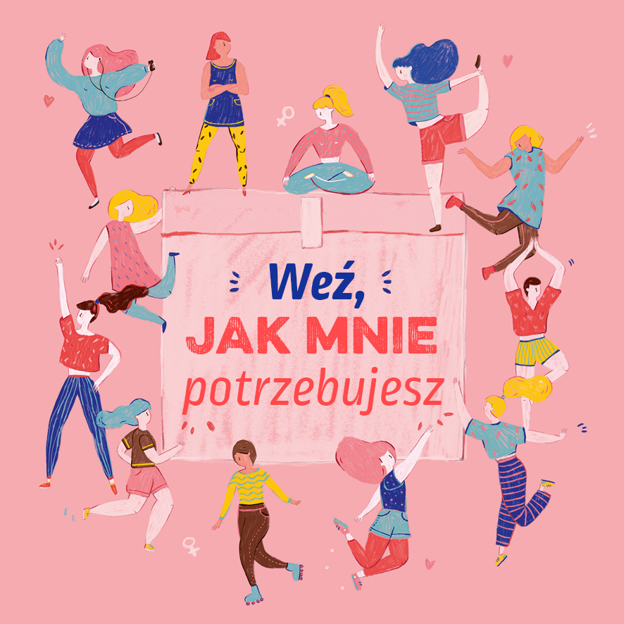 Naklejka promująca akcję "R&oacute;żowa skrzyneczka". Na r&oacute;zowym tle znajduje się napis: "Weź, jeśli mnie potrzebujesz".