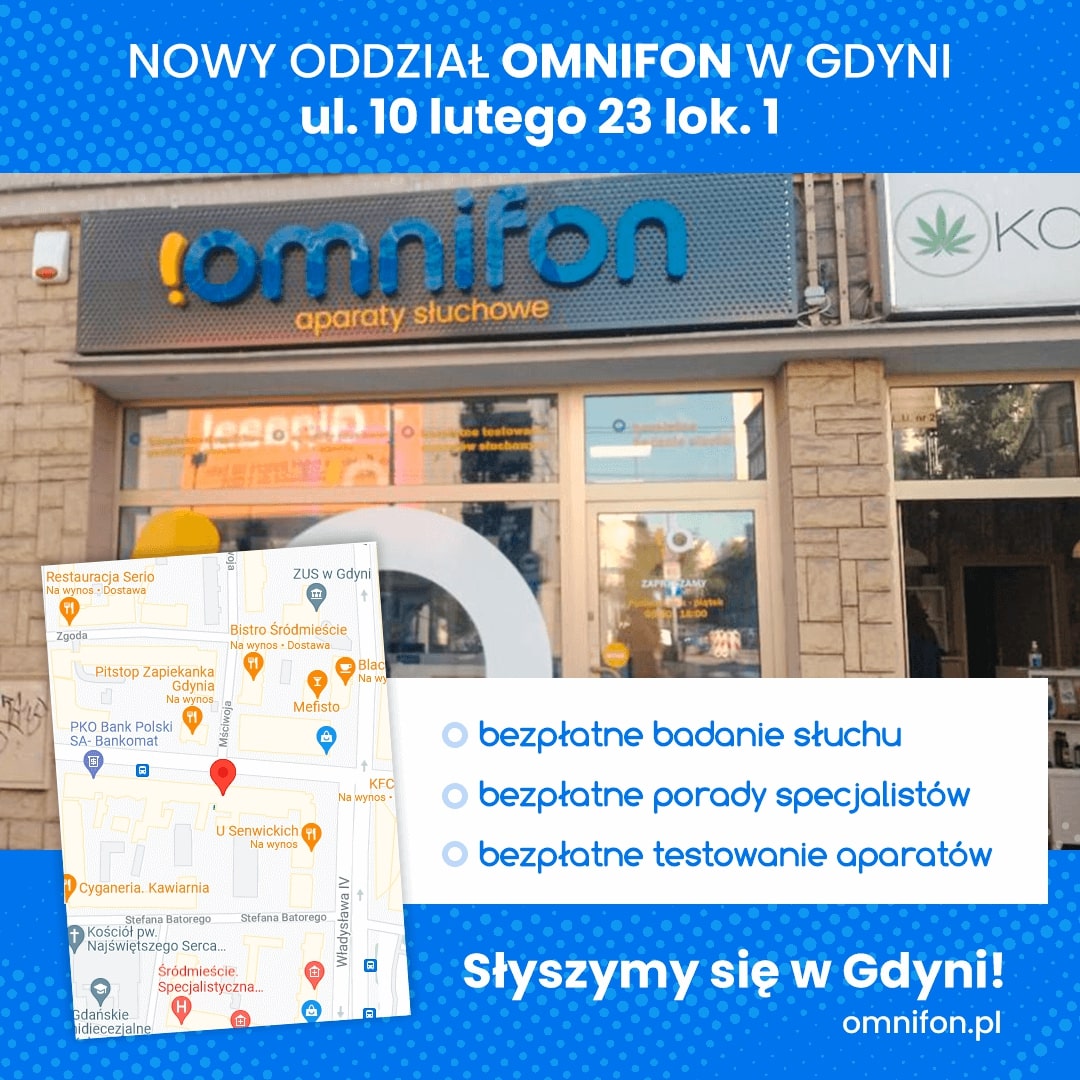 Grafika z napisem: Nowy oddzial Omnifonu w Gdyni. ul. 10 Lutego 23 lok. 1. Bezpłatne badanie słuchu, porady specjalist&oacute;w i testowanie aparat&oacute;w. Słyszymy się w Gdyni. Omnifon.pl // mat. prasowe