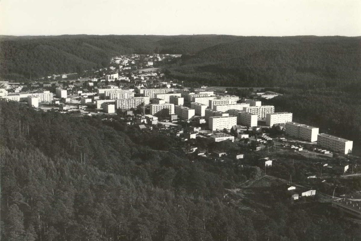 Czarno-białe zdjęcie przedstawiające dzielnicę Gdyni Pustki Cisowskie w zlotu ptaka.