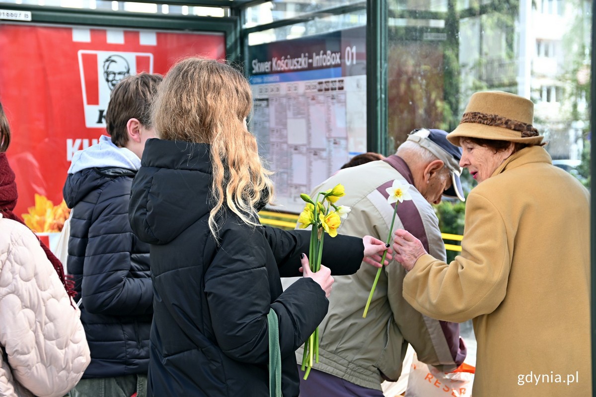 Uczniowie gdyńskich szk&oacute;ł wręczający mieszkańcom żonkile pamięci 