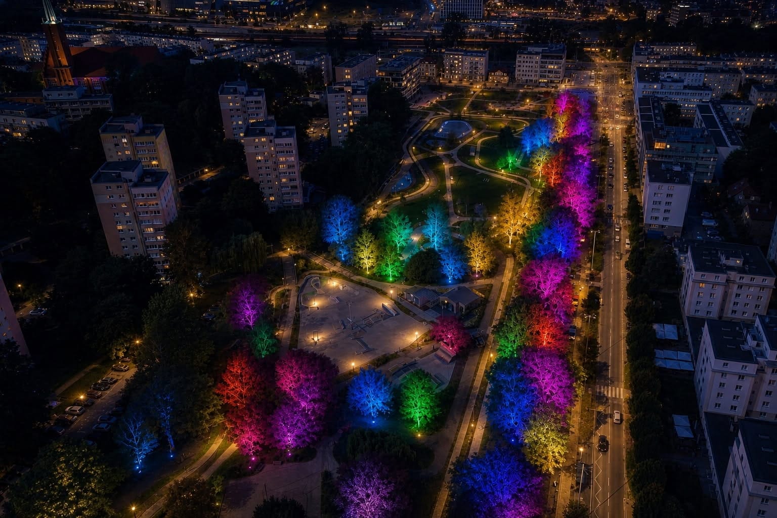 Wizualizacja wieczornego oświetlenia parku