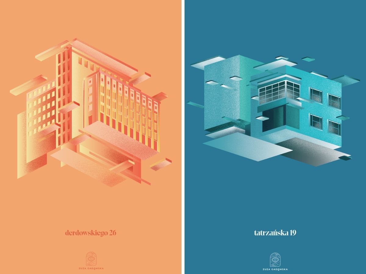 Kolaż dw&oacute;ch plakat&oacute;w autorstwa Zuzy Gadomskiej. Po lewej stronie: na brzoskwiniowym tle widoczny jest budynek znajdujący się przy ul. Derdowskiego 26. Graficzny budynek utrzymany jest w pomarańczowych barwach. Po prawej: na niebieskim tle widoczny jest budynek znajdujący się przy ul. Tatrzańskiej 19. Graficzne przedstawienie budynku utrzymane jest w niebieskich barwach. 