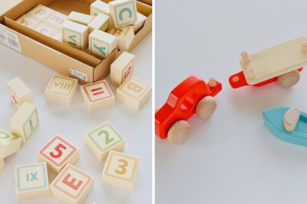 Drewniane klocki "Abecadło" i drewniany samochodzik z naczepą i ł&oacute;dką. // fot. sklep.muzeumgdyni.pl