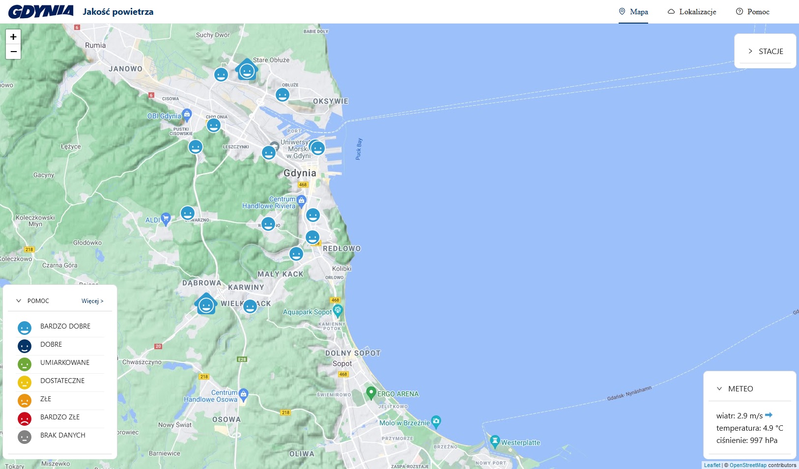 W Gdyni jakość powietrza kontroluje na bieżąco kilkanaście stacji pomiarowych i stacje referencyjne, fot. zrzut ekranu ze strony powietrze.gdynia.pl