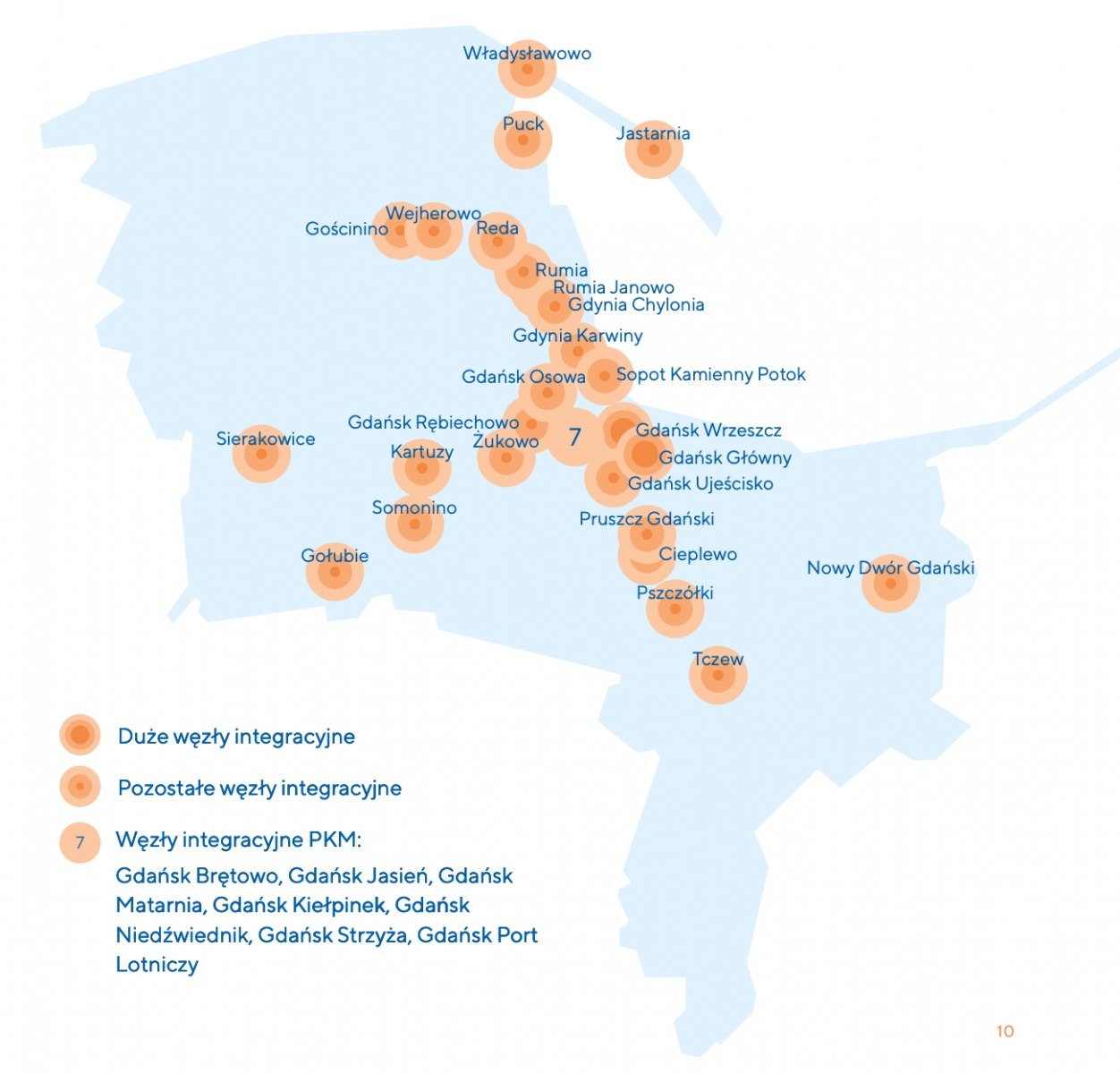 Mapa na białym tle, widoczne wojew&oacute;dztwo pomorskie, pomarańczowe kropki zaznaczają 26 lokalizacji węzł&oacute;w integracyjnych