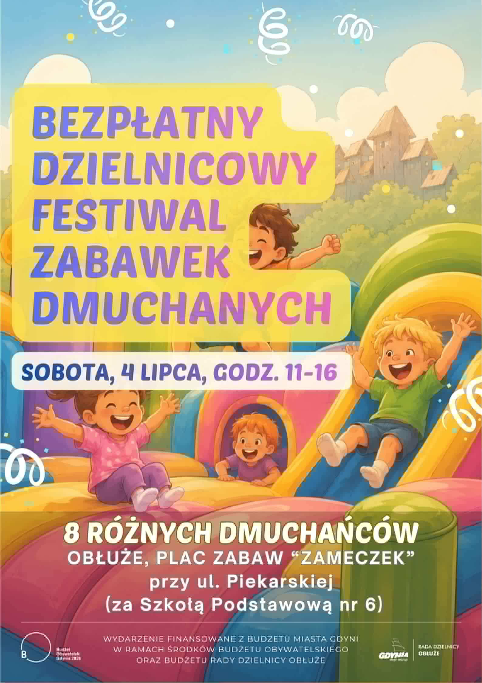 Plakat z graficznym przedstawieniem dzici bawiących sie na zabakach dmuchanych.