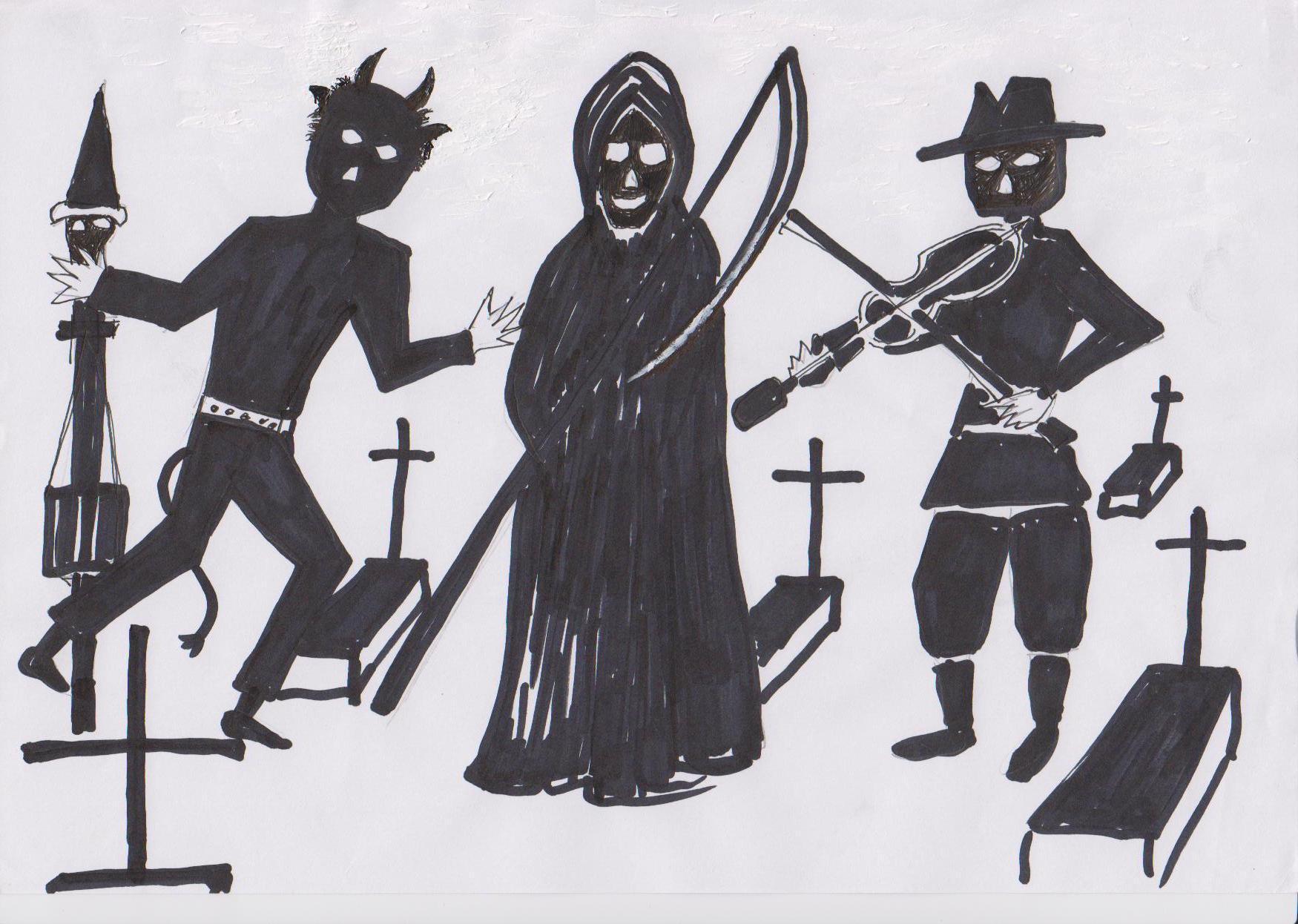 Grupy chłopc&oacute;w odpędzające złe duchy. Rys. Marian Busler, źr&oacute;dło: www.czec.pl