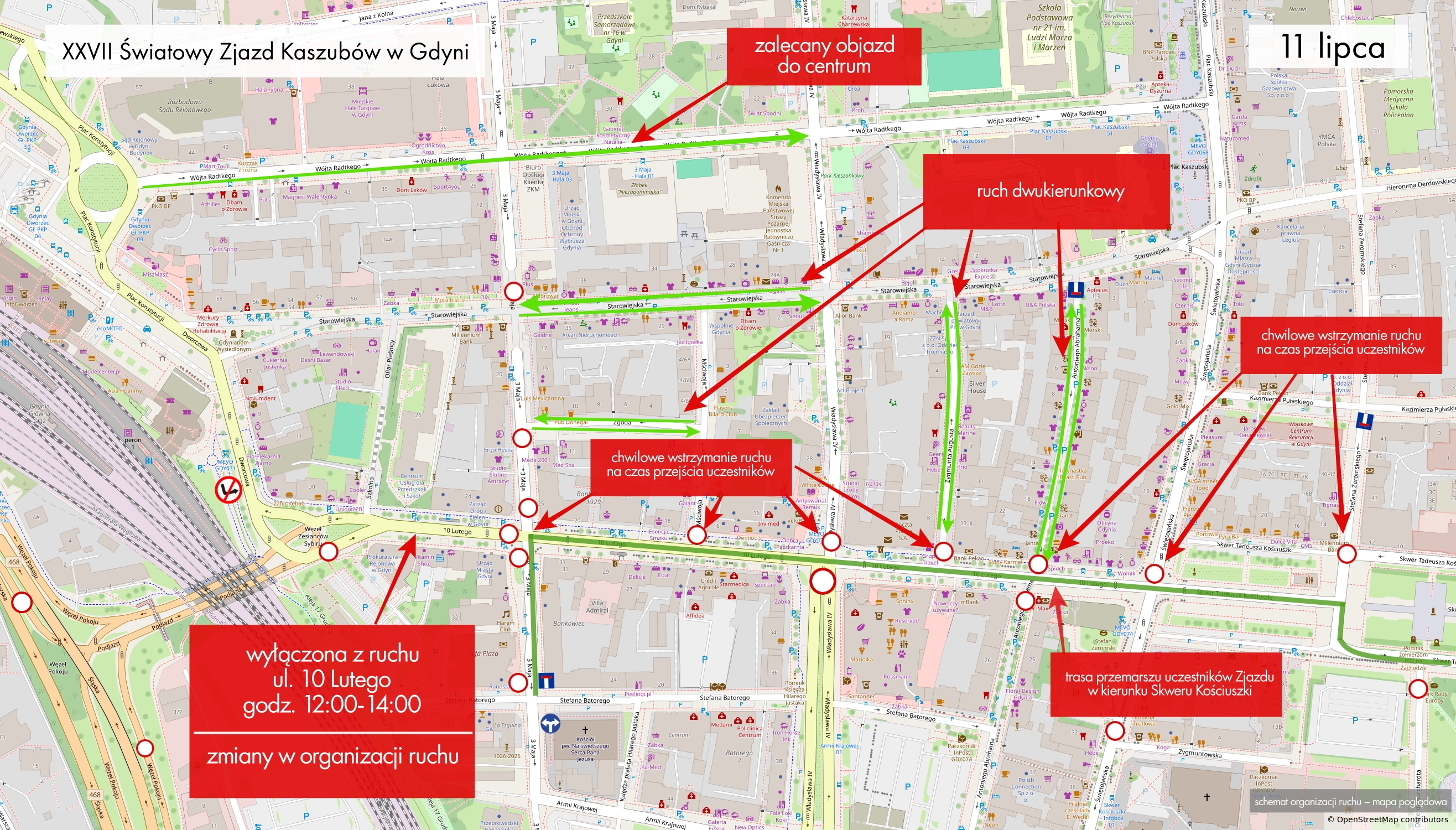 Mapka przemarszu z kościoła przy ul. Armii Krajowej na Skwer Kościuszki