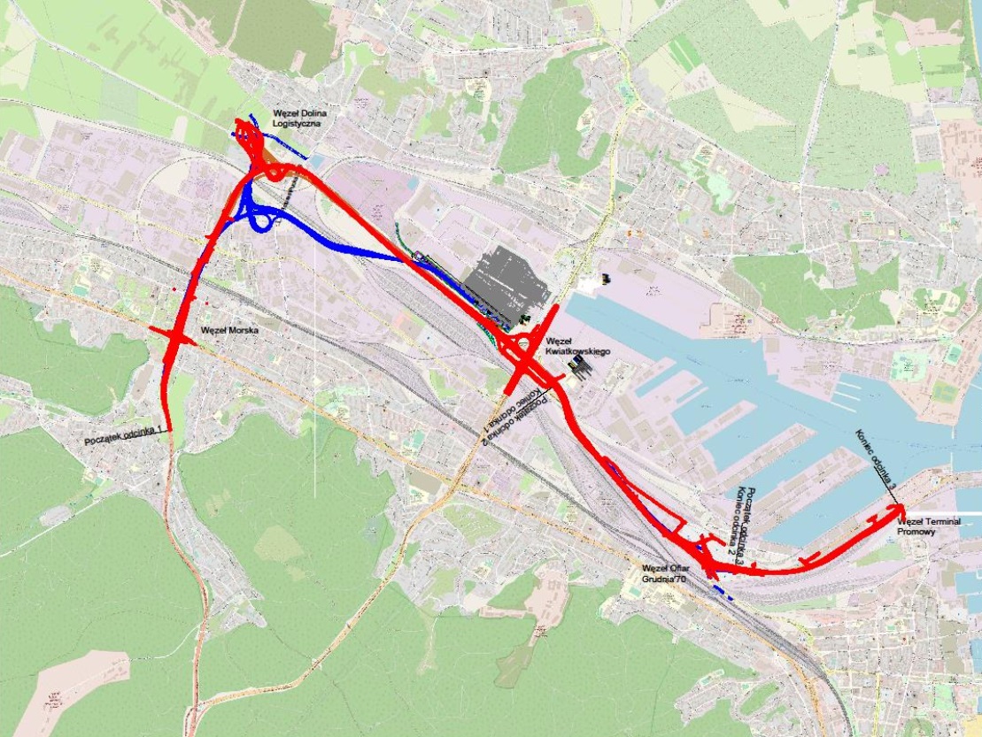 Mapa Gdyni, na czerwono zaznaczony przybliżony przebieg Drogi Czerwonej