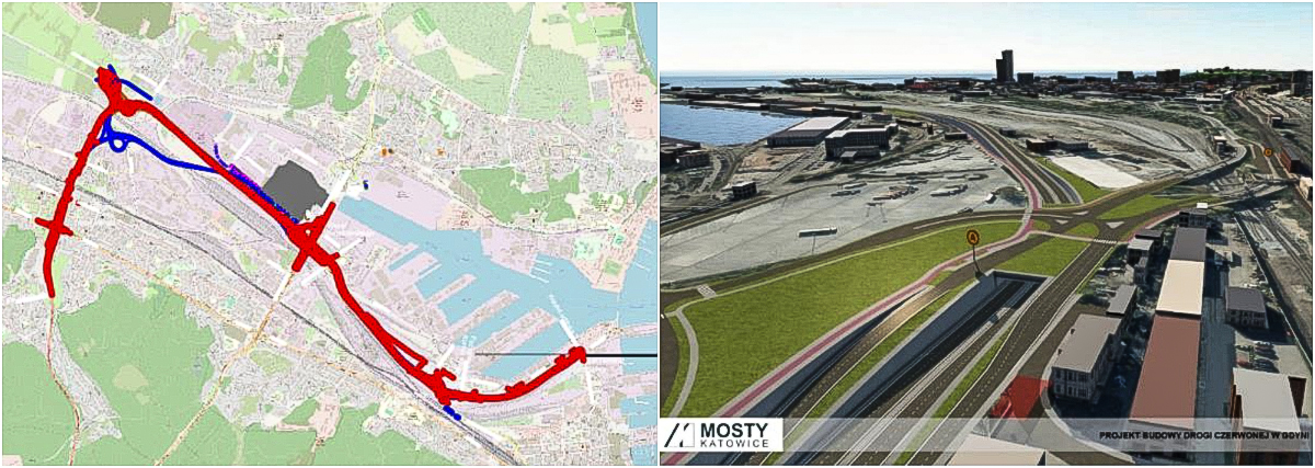 Kolaż zdjęć przedstawiający plan budowy drogi i jej wizualizację.