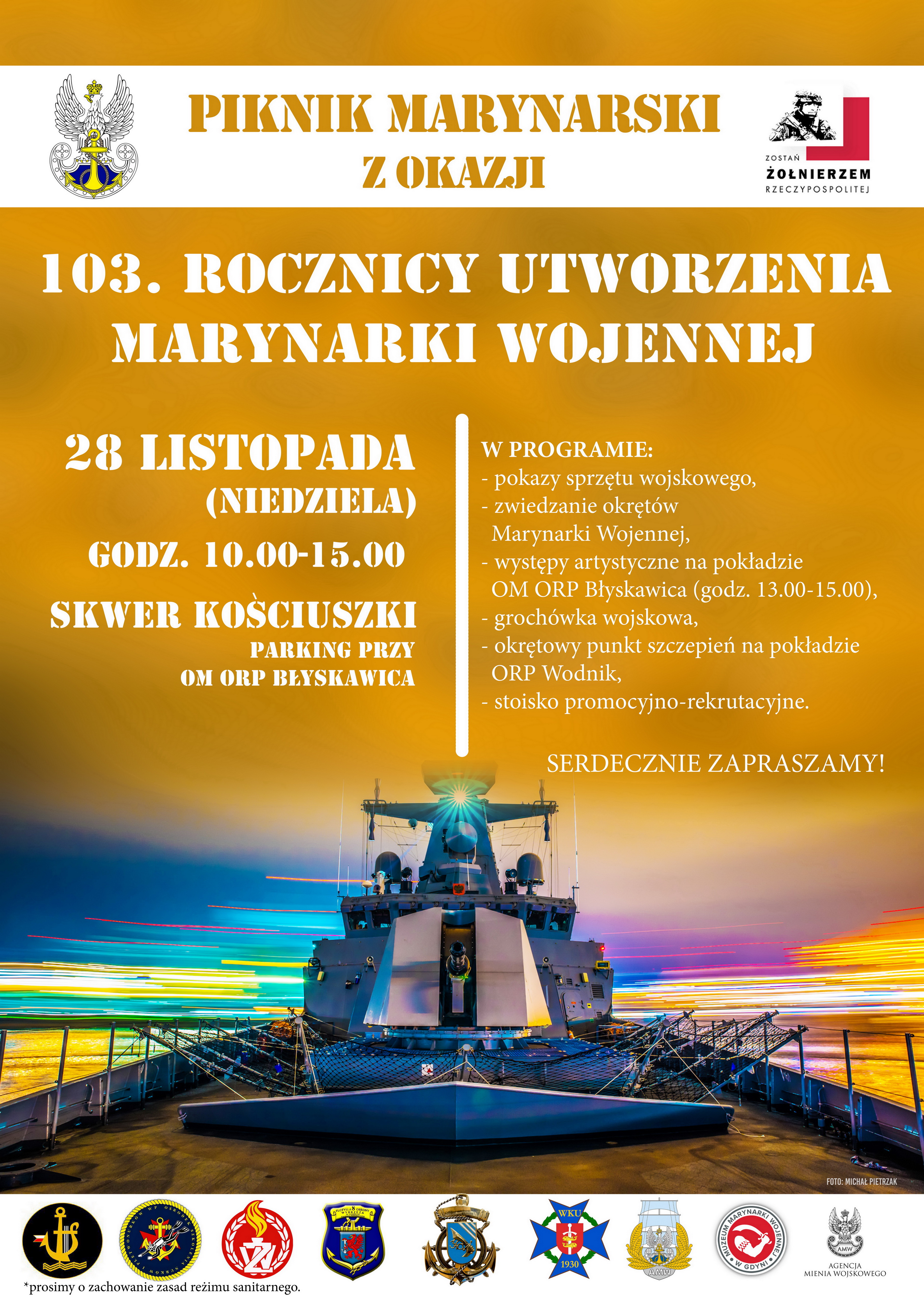 Plakat promujący obchody 103. rocznicy utworzenia Marynarki Wojennej. Na dole zdjęcie okrętu ORP "Błyskawica". Nad nim na ż&oacute;łtym tle wypisana białymi literami lista atrakcji // mat. pras. 3. Flotylli Okręt&oacute;w